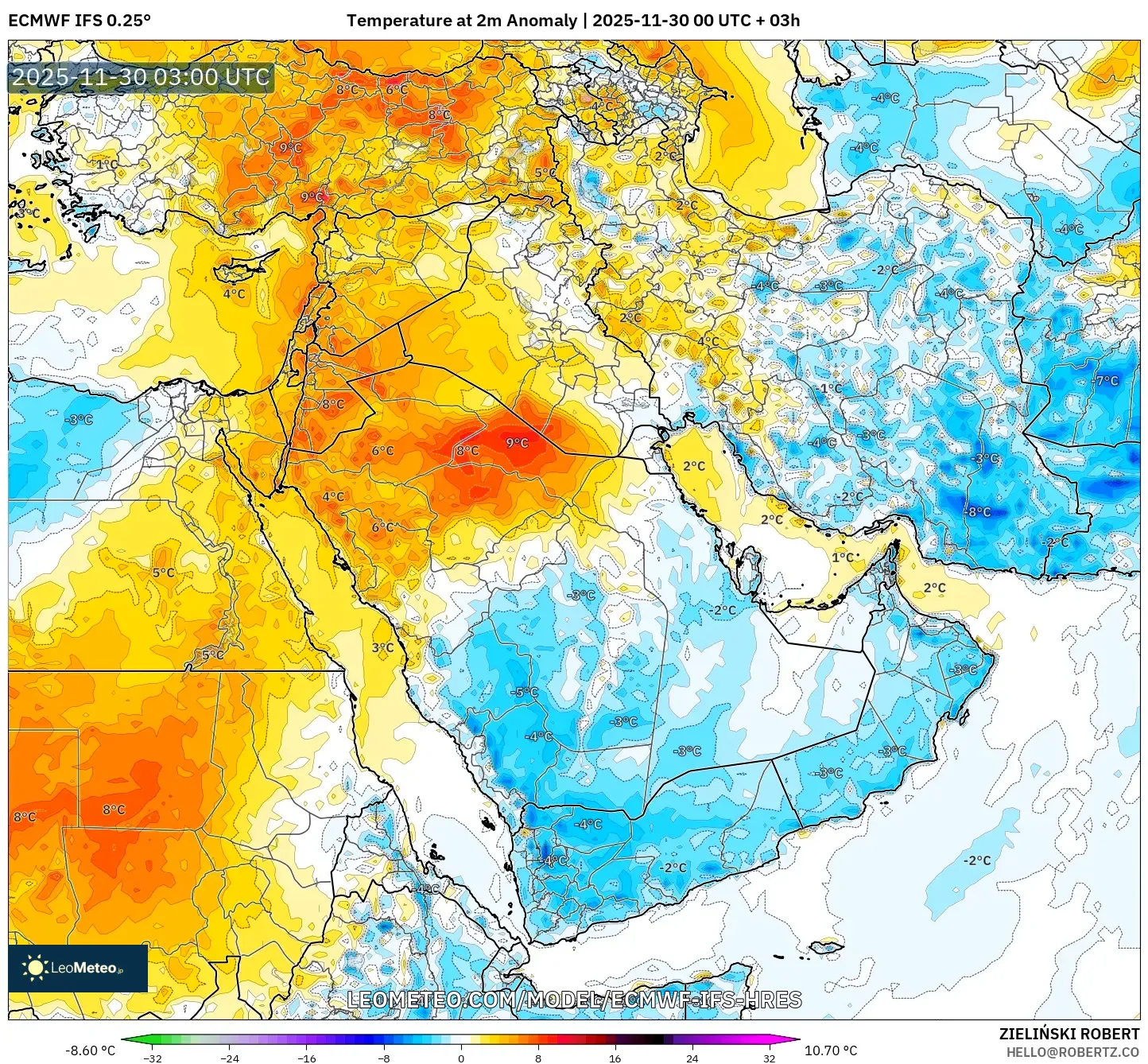 ECMWF IFS 0.25° model - Middle East, Temperature at 2m Anomaly