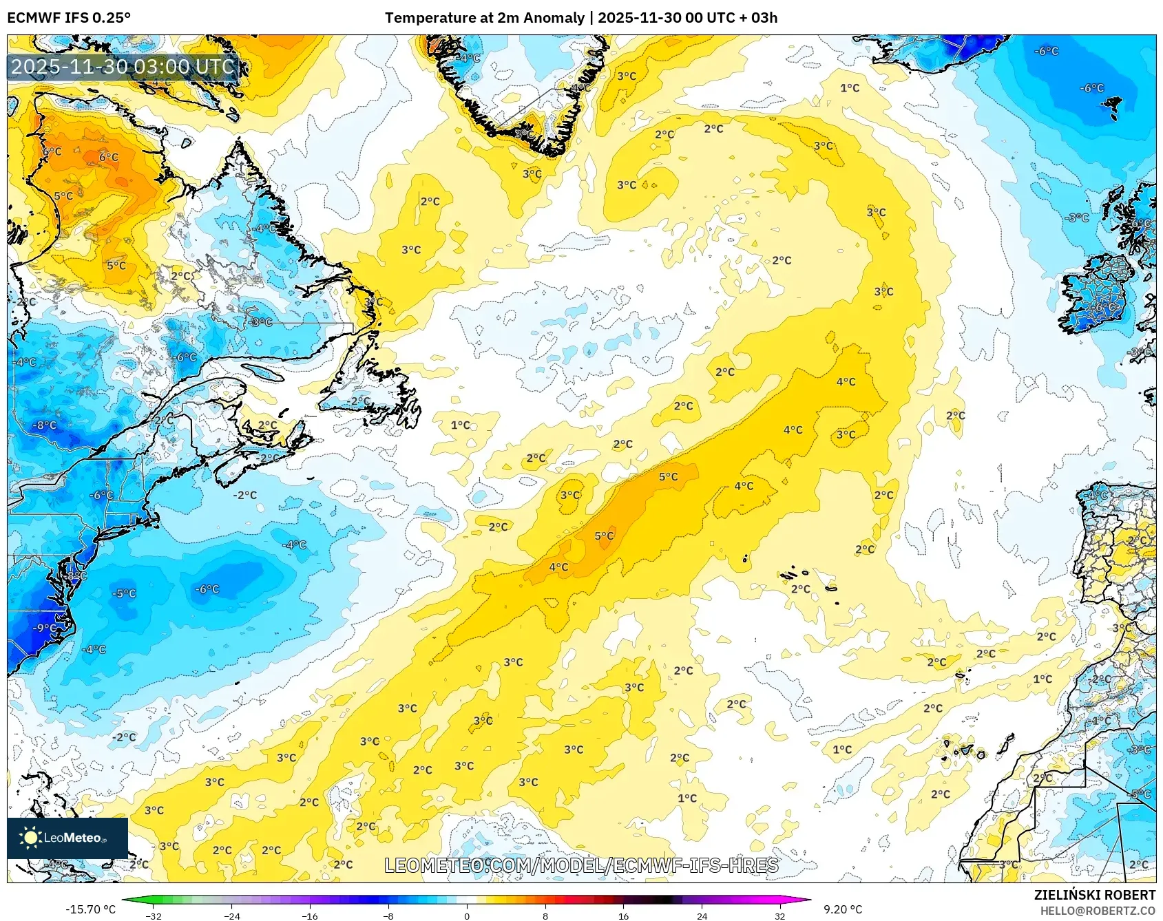 ECMWF IFS 0.25° model - North Atlantic, Temperature at 2m Anomaly