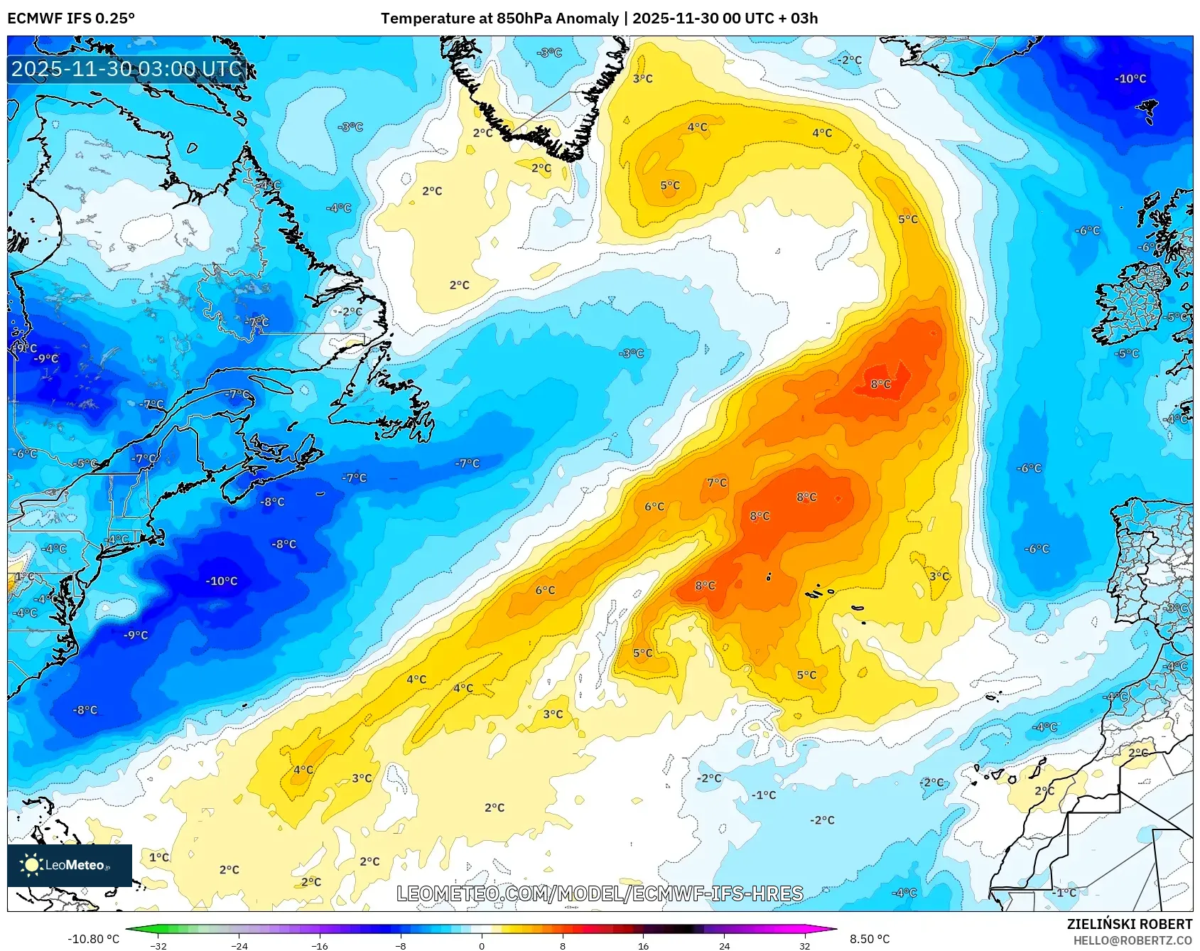 ECMWF IFS 0.25° model - North Atlantic, Temperature at 850hPa Anomaly