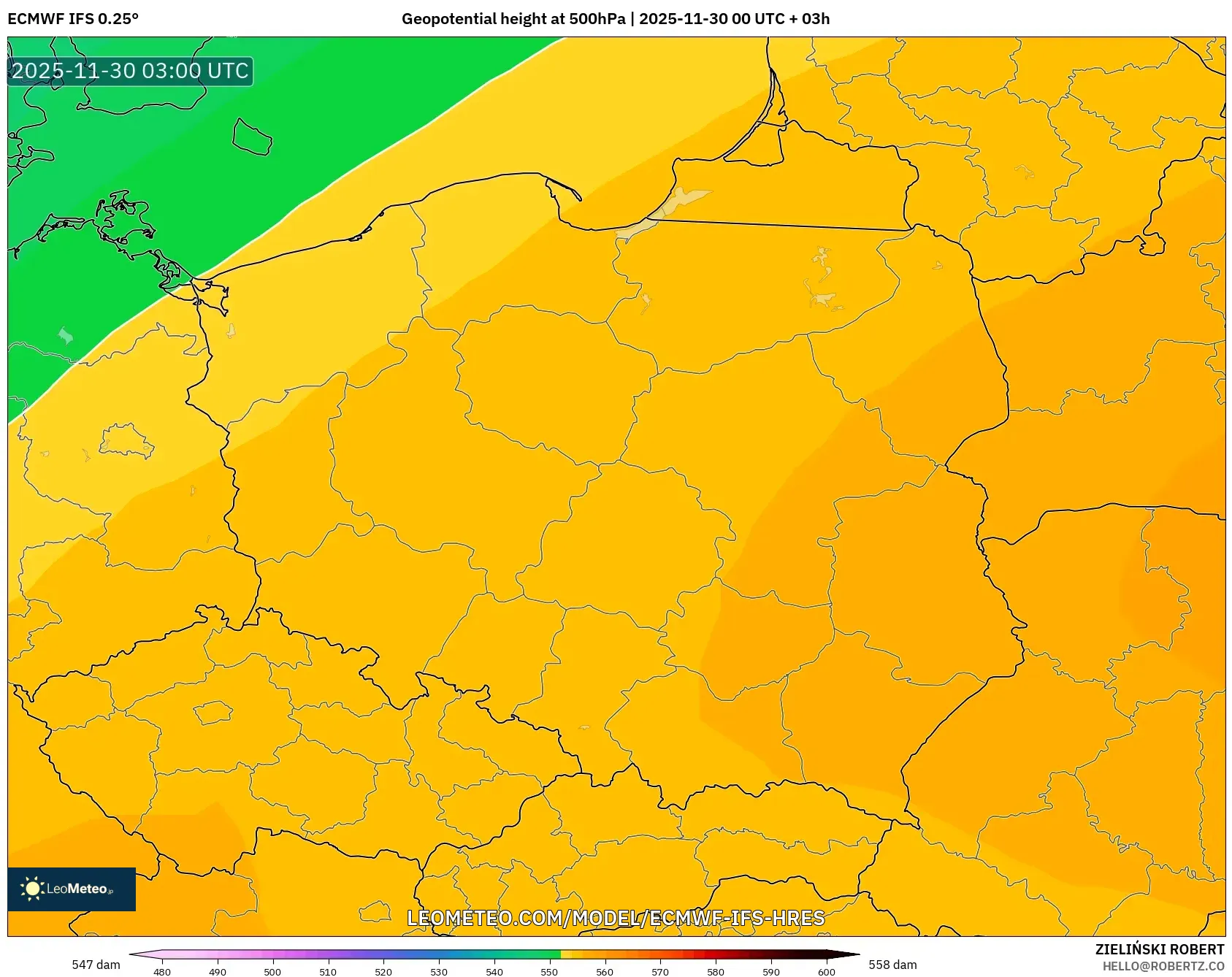 ECMWF IFS 0.25° model - Poland, Geopotential height at 500hPa