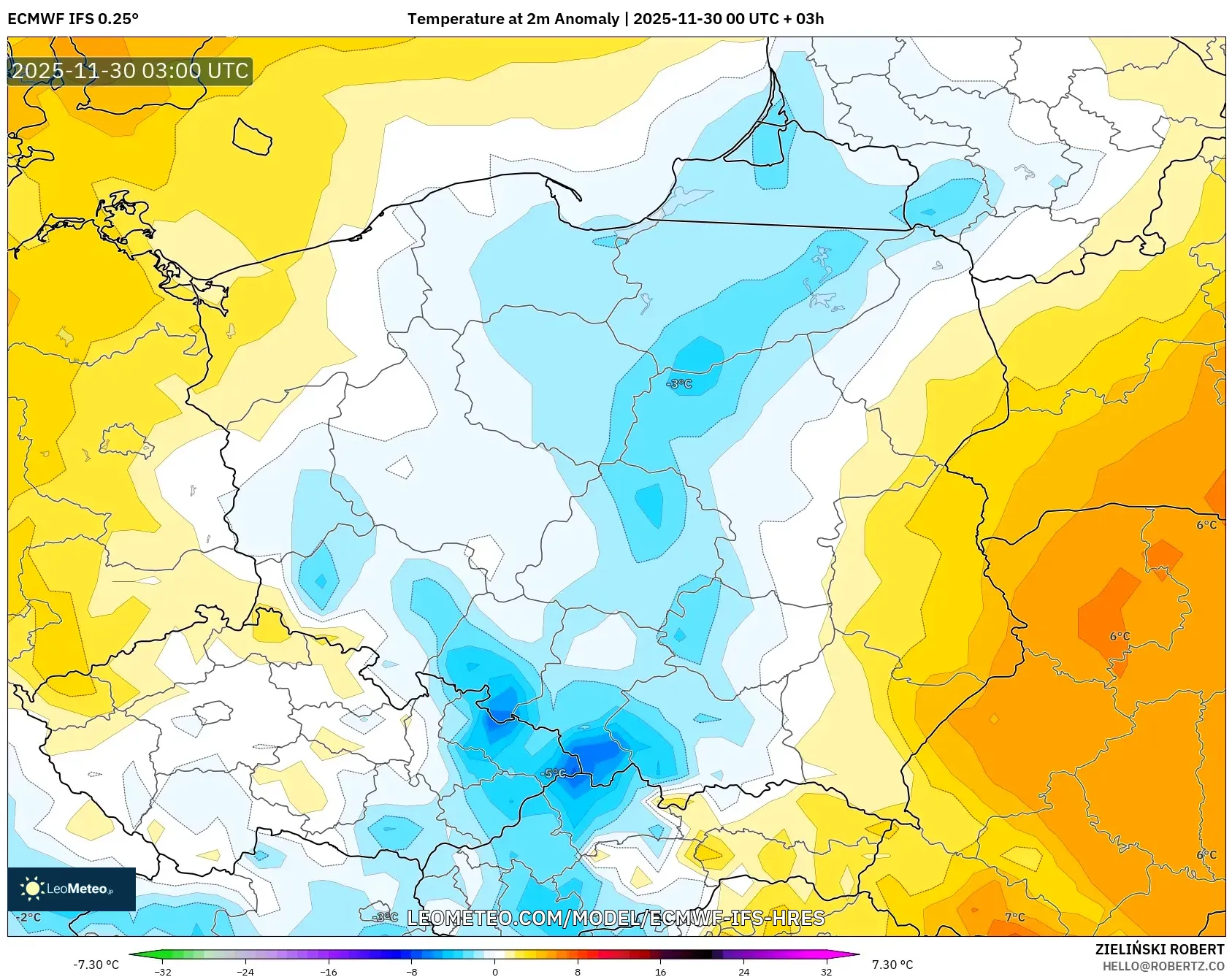 ECMWF IFS 0.25° model - Poland, Temperature at 2m Anomaly