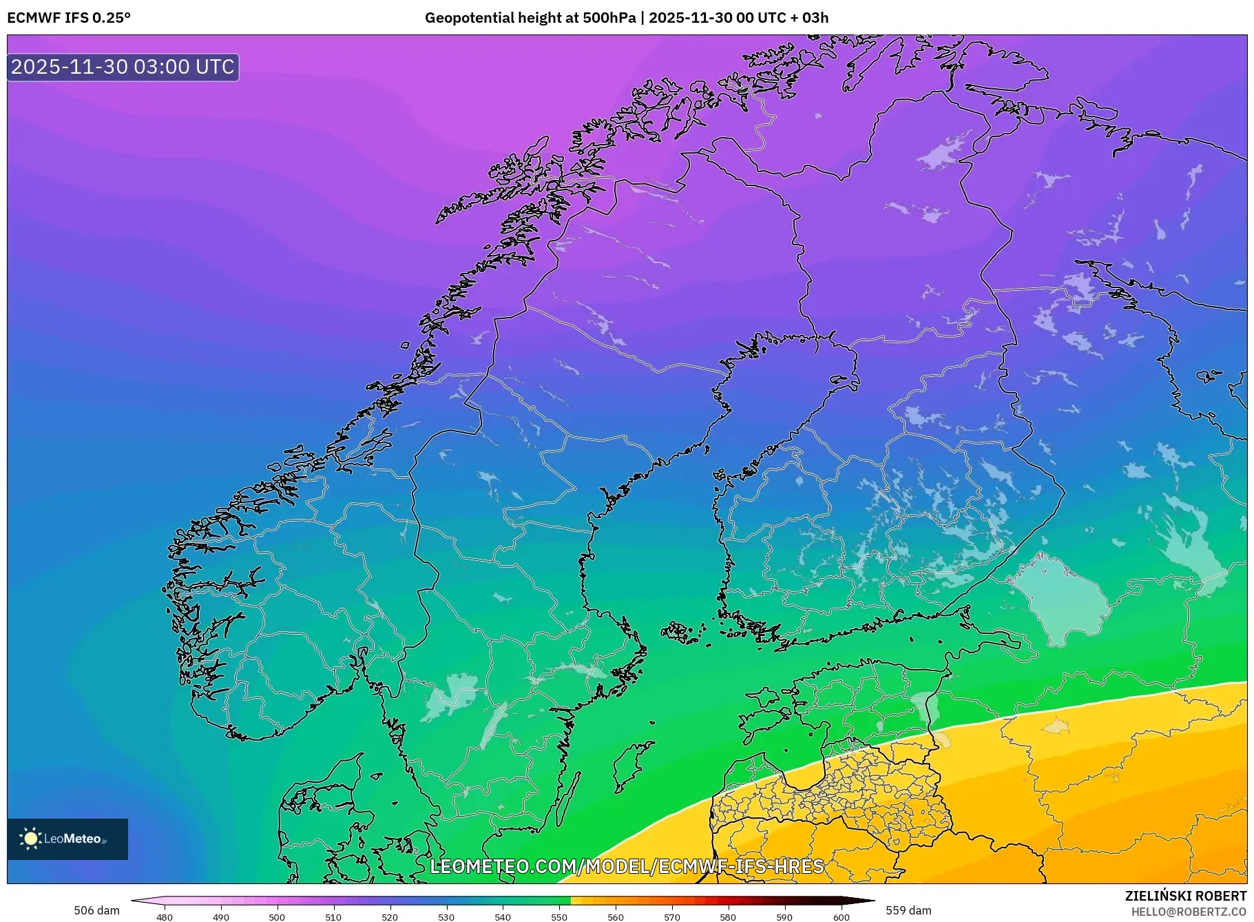 ECMWF IFS 0.25° model - Scandinavia, Geopotential height at 500hPa