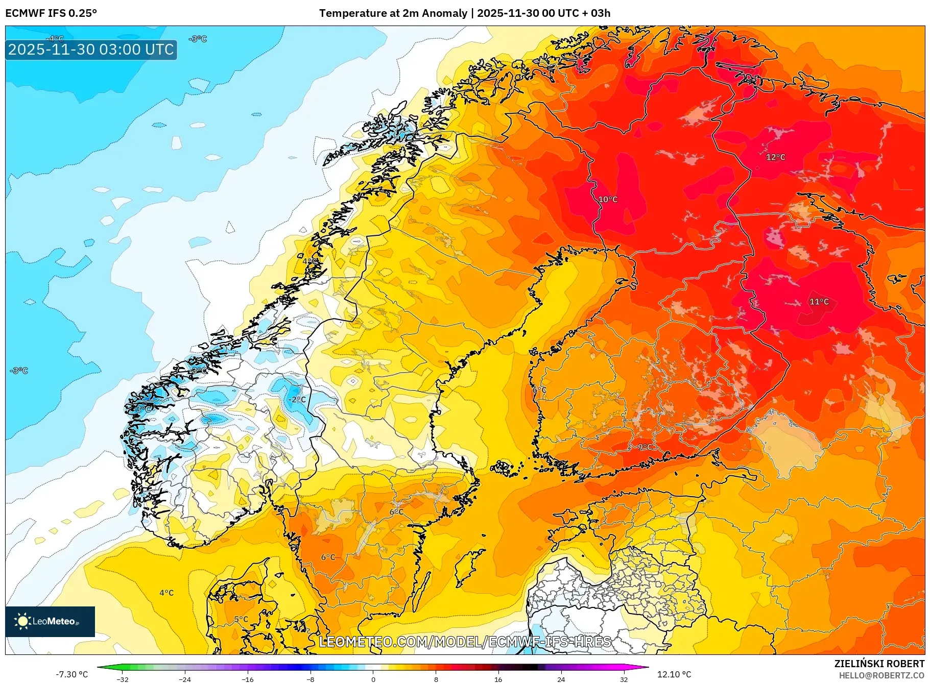 ECMWF IFS 0.25° model - Scandinavia, Temperature at 2m Anomaly