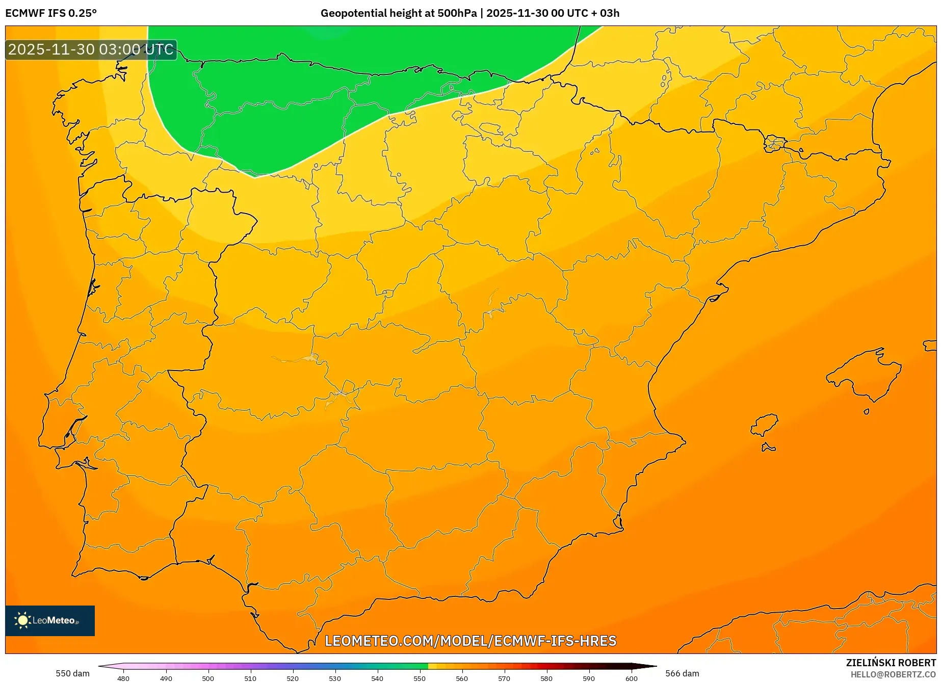 ECMWF IFS 0.25° model - Spain, Geopotential height at 500hPa