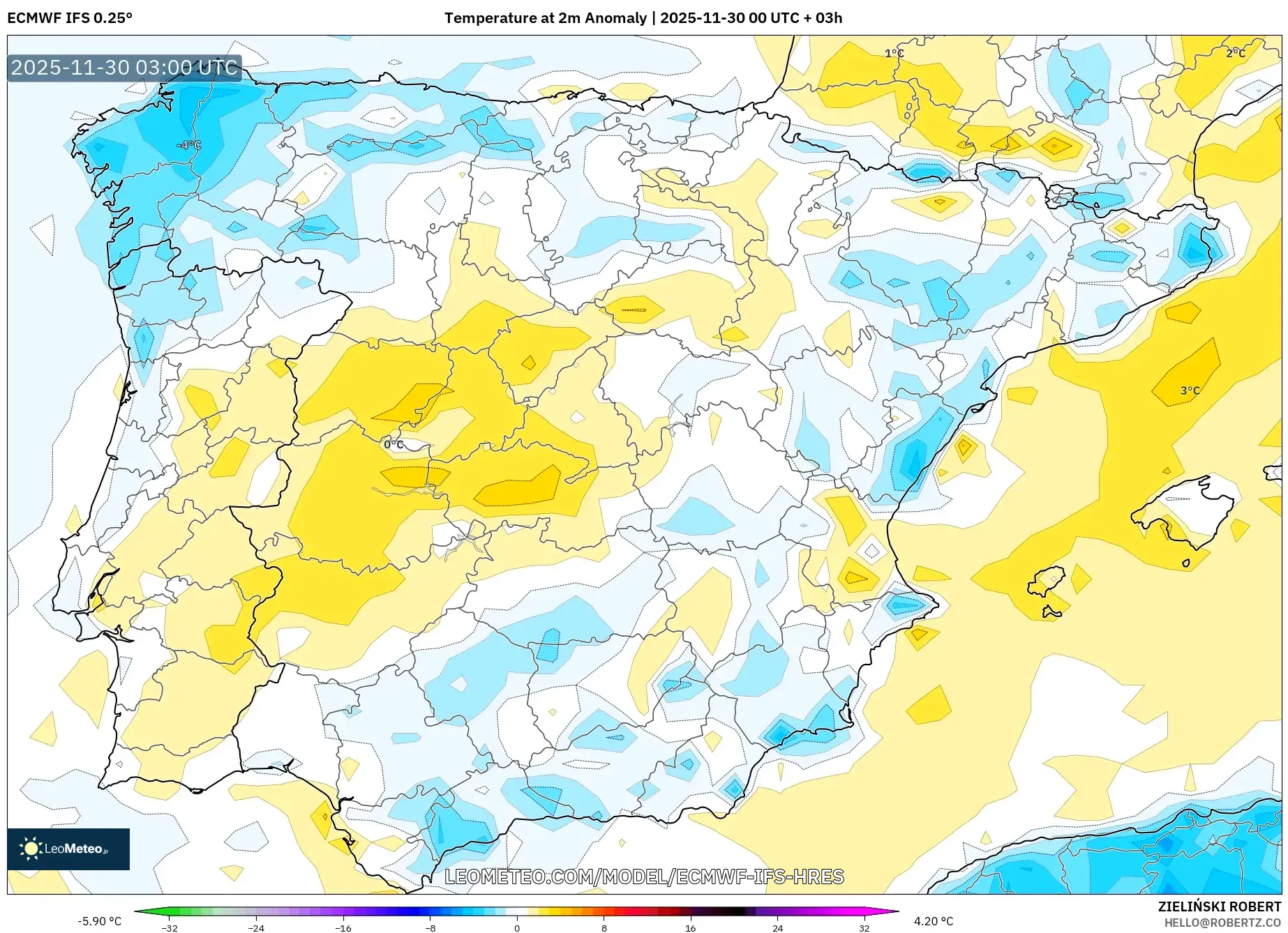 ECMWF IFS 0.25° model - Spain, Temperature at 2m Anomaly