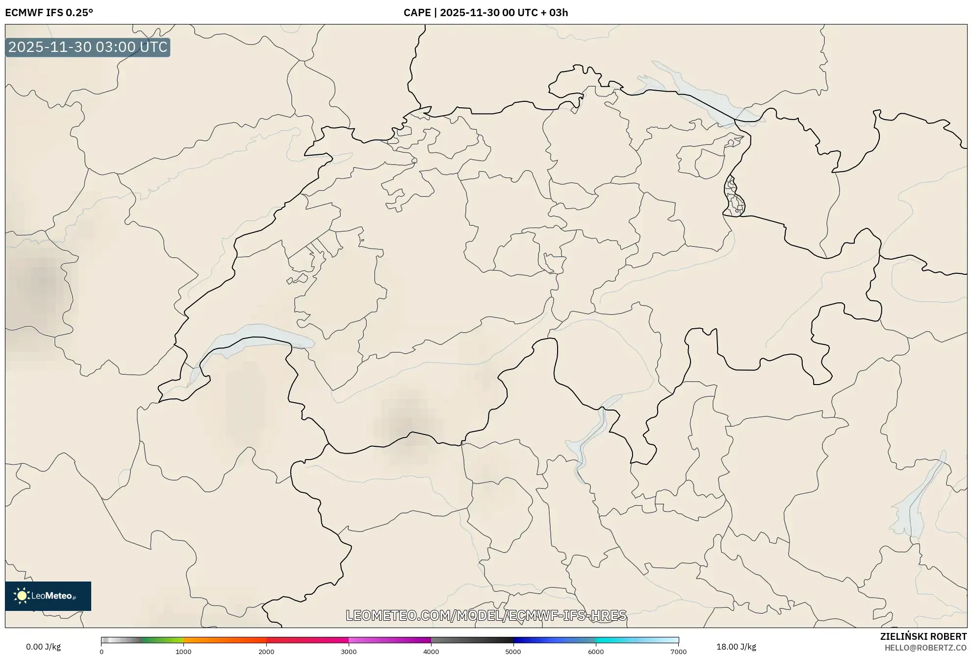 ECMWF IFS 0.25° model - Switzerland, CAPE