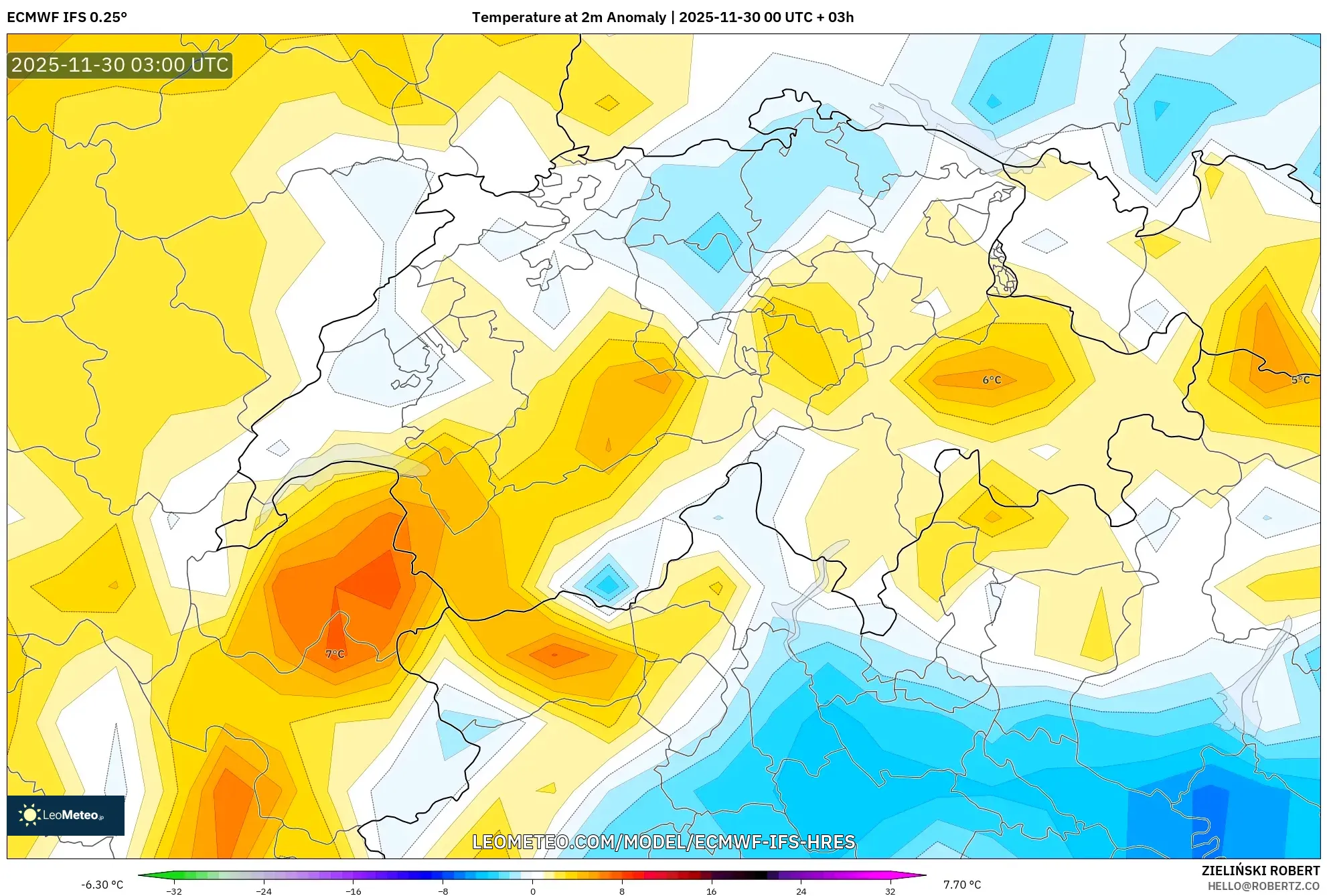 ECMWF IFS 0.25° model - Switzerland, Temperature at 2m Anomaly