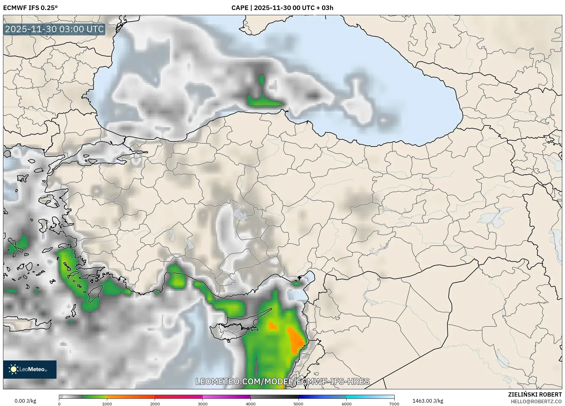 ECMWF IFS 0.25° model - Turkey, CAPE