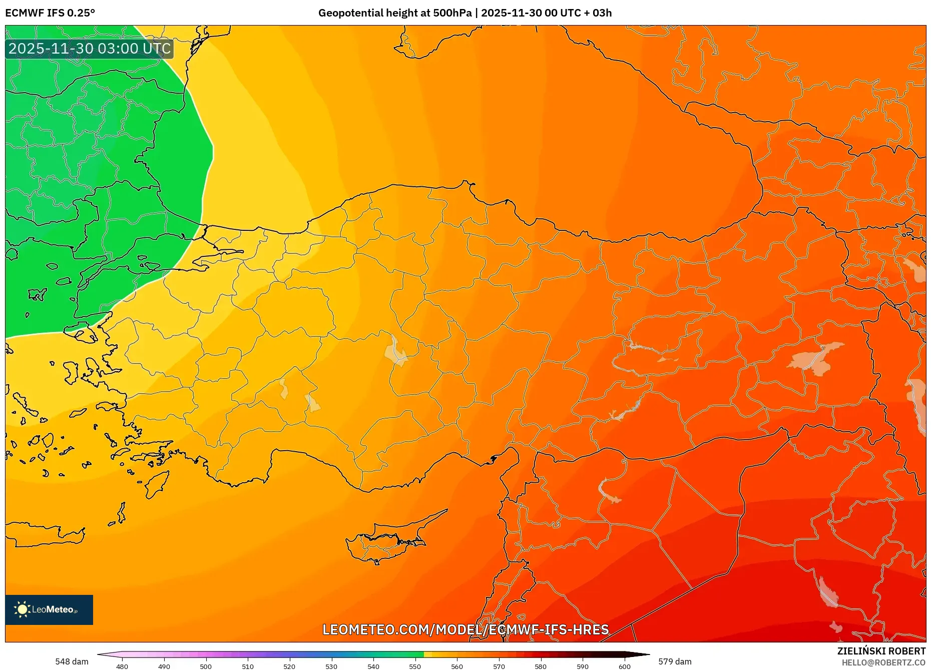 ECMWF IFS 0.25° model - Turkey, Geopotential height at 500hPa