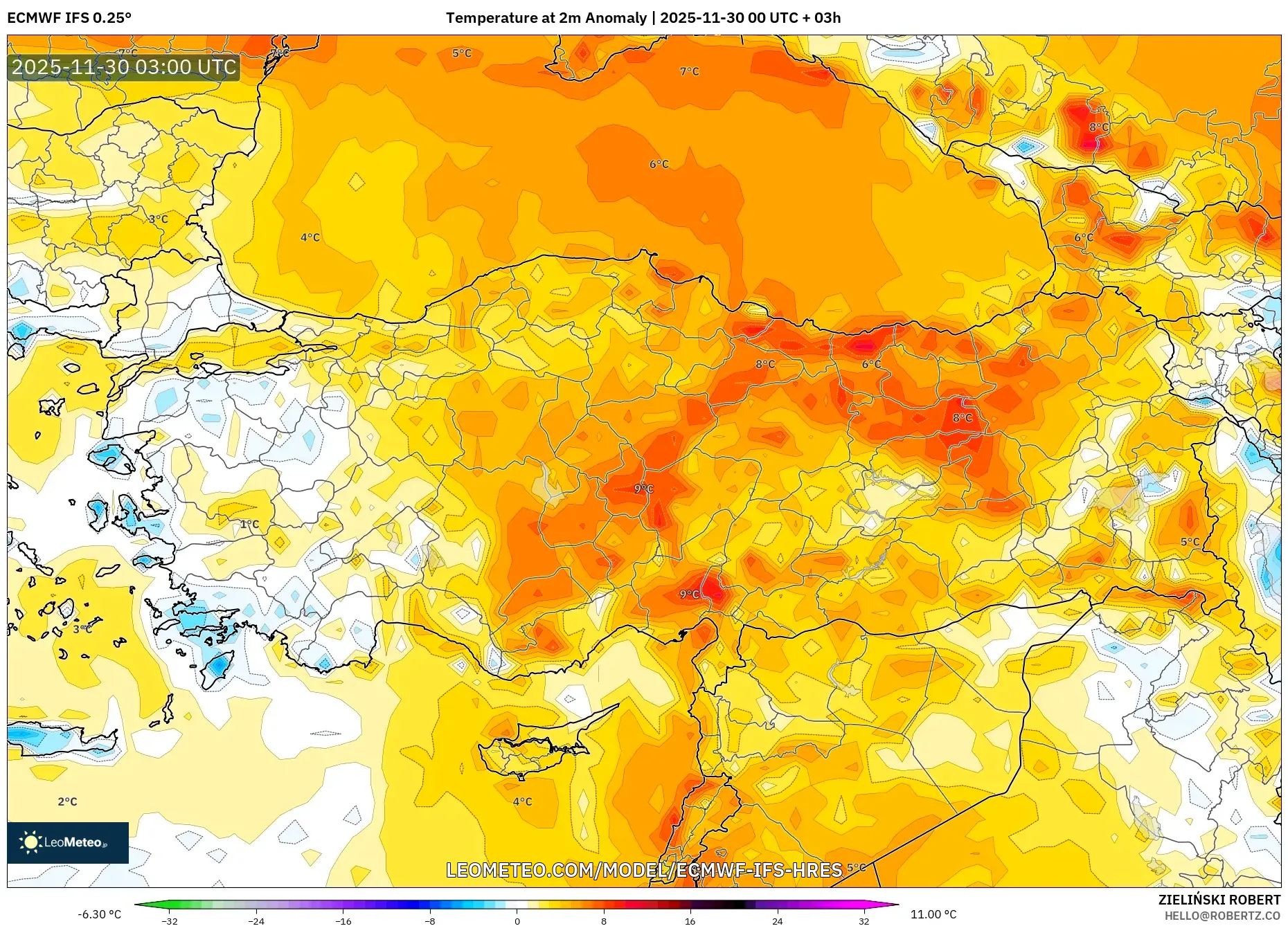 ECMWF IFS 0.25° model - Turkey, Temperature at 2m Anomaly