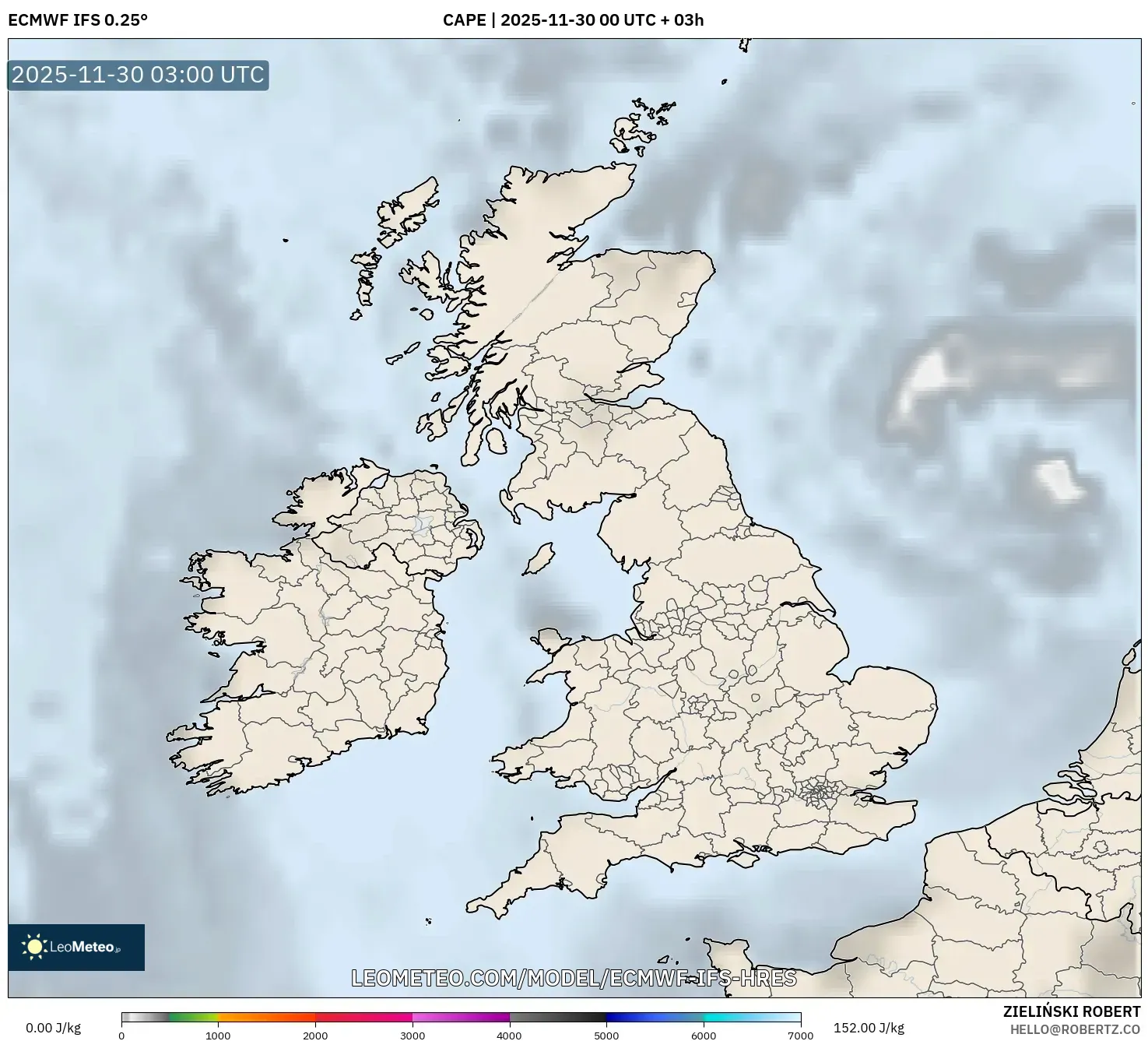 ECMWF IFS 0.25° model - United Kingdom, CAPE