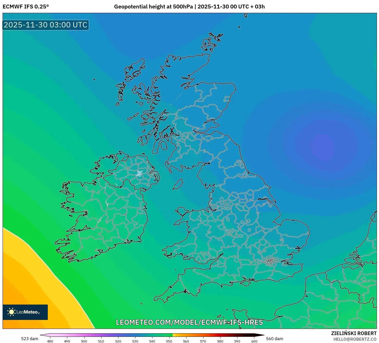 ECMWF IFS 0.25° model - United Kingdom, Geopotential height at 500hPa