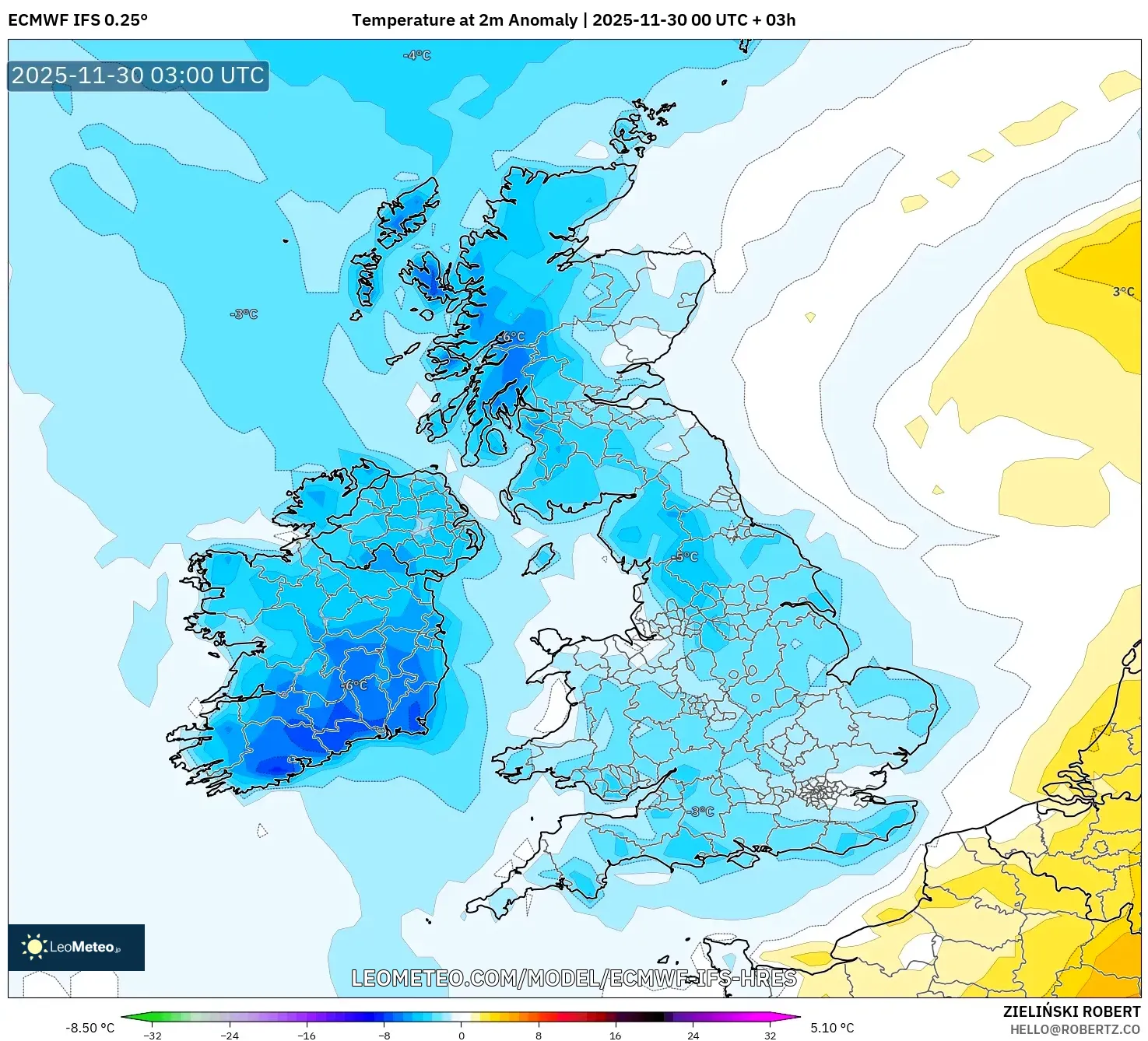 ECMWF IFS 0.25° model - United Kingdom, Temperature at 2m Anomaly