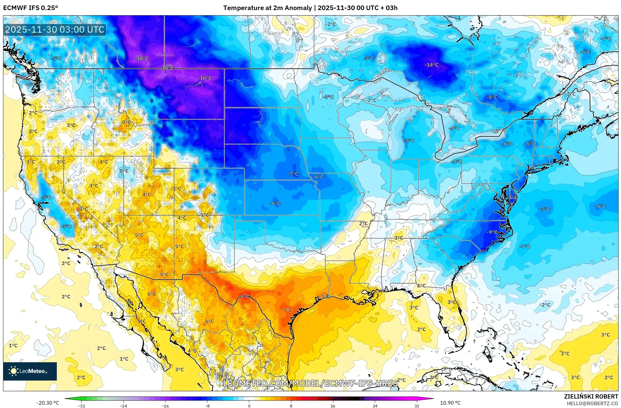 ECMWF IFS 0.25° model - United States, Temperature at 2m Anomaly