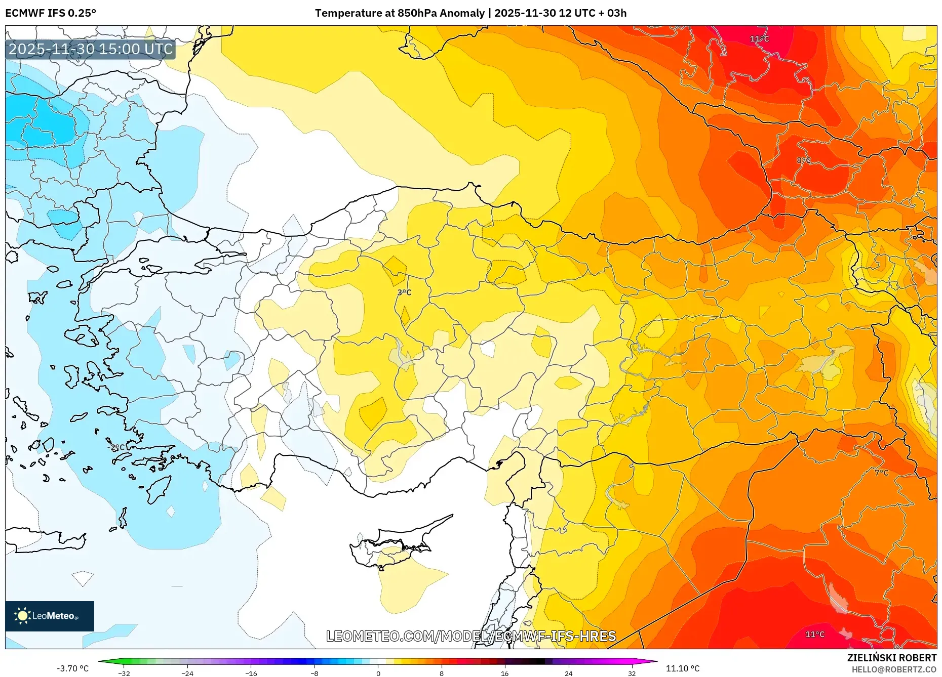 ECMWF IFS 0.25° model - Turkey, Temperature at 850hPa Anomaly