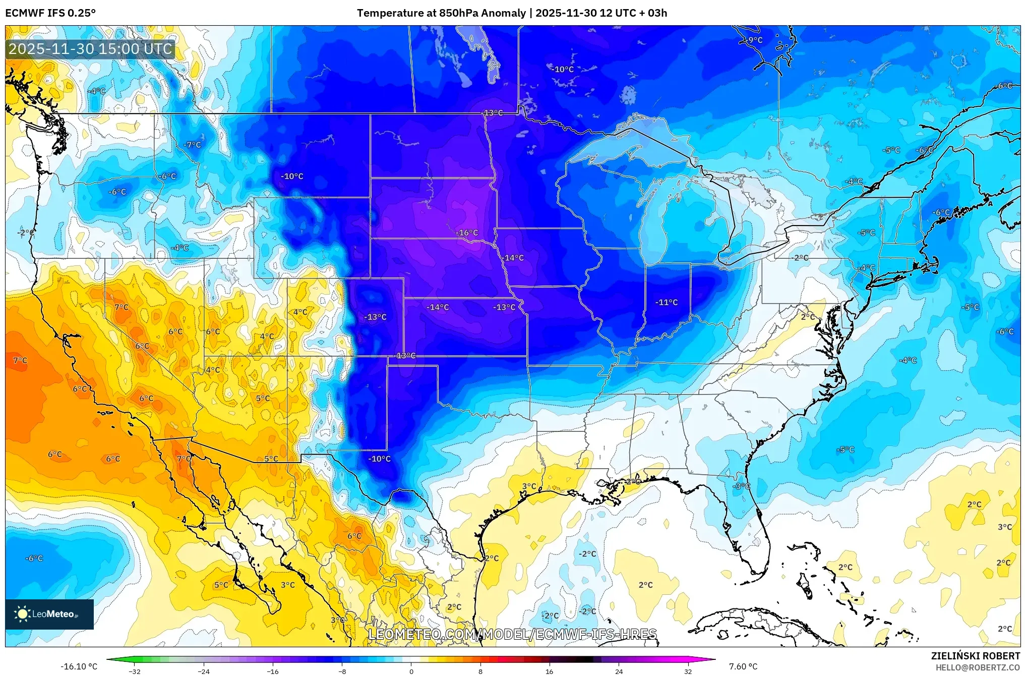 ECMWF IFS 0.25° model - United States, Temperature at 850hPa Anomaly