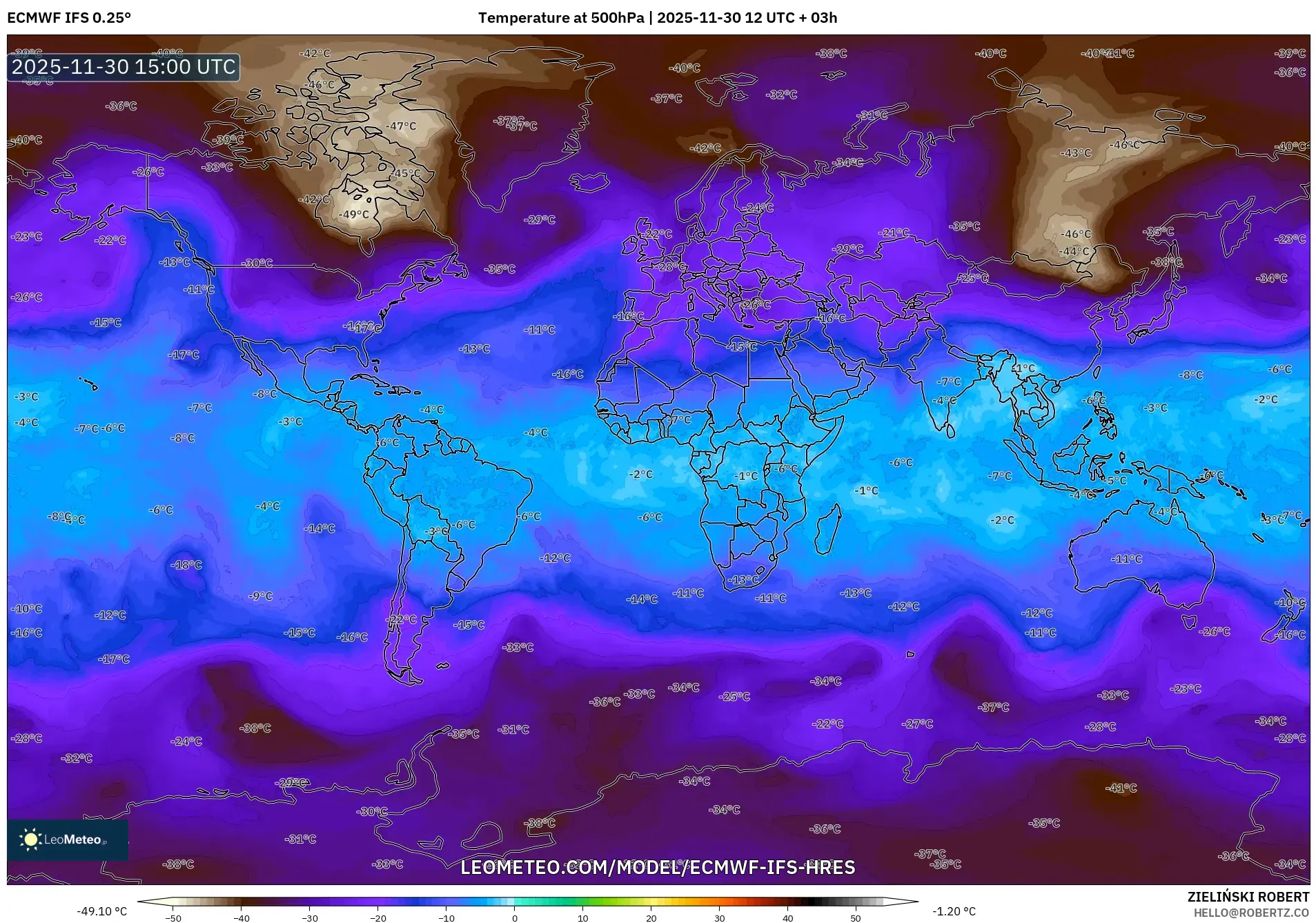 ECMWF IFS 0.25° model - World, Temperature at 500hPa