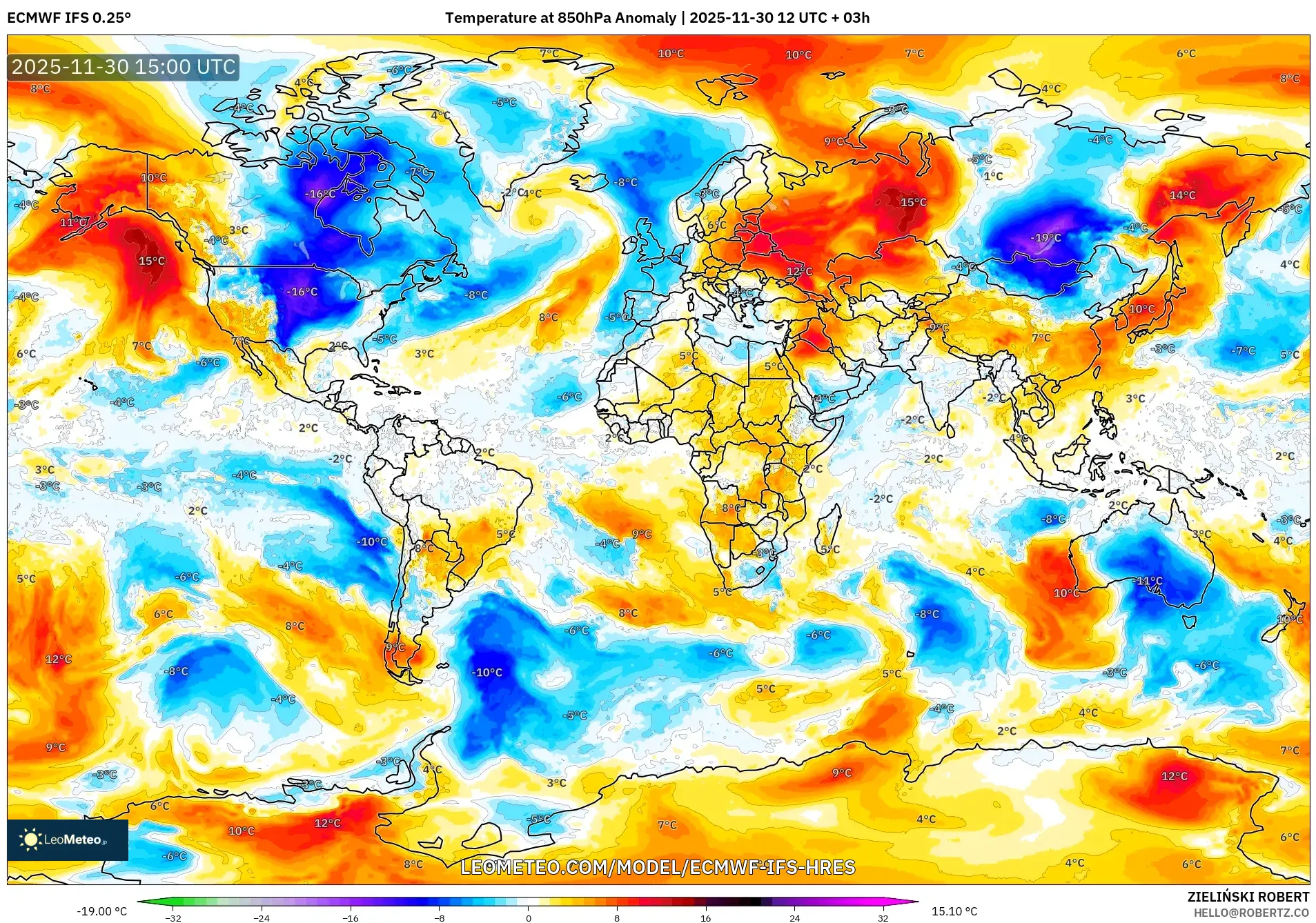 ECMWF IFS 0.25° model - World, Temperature at 850hPa Anomaly