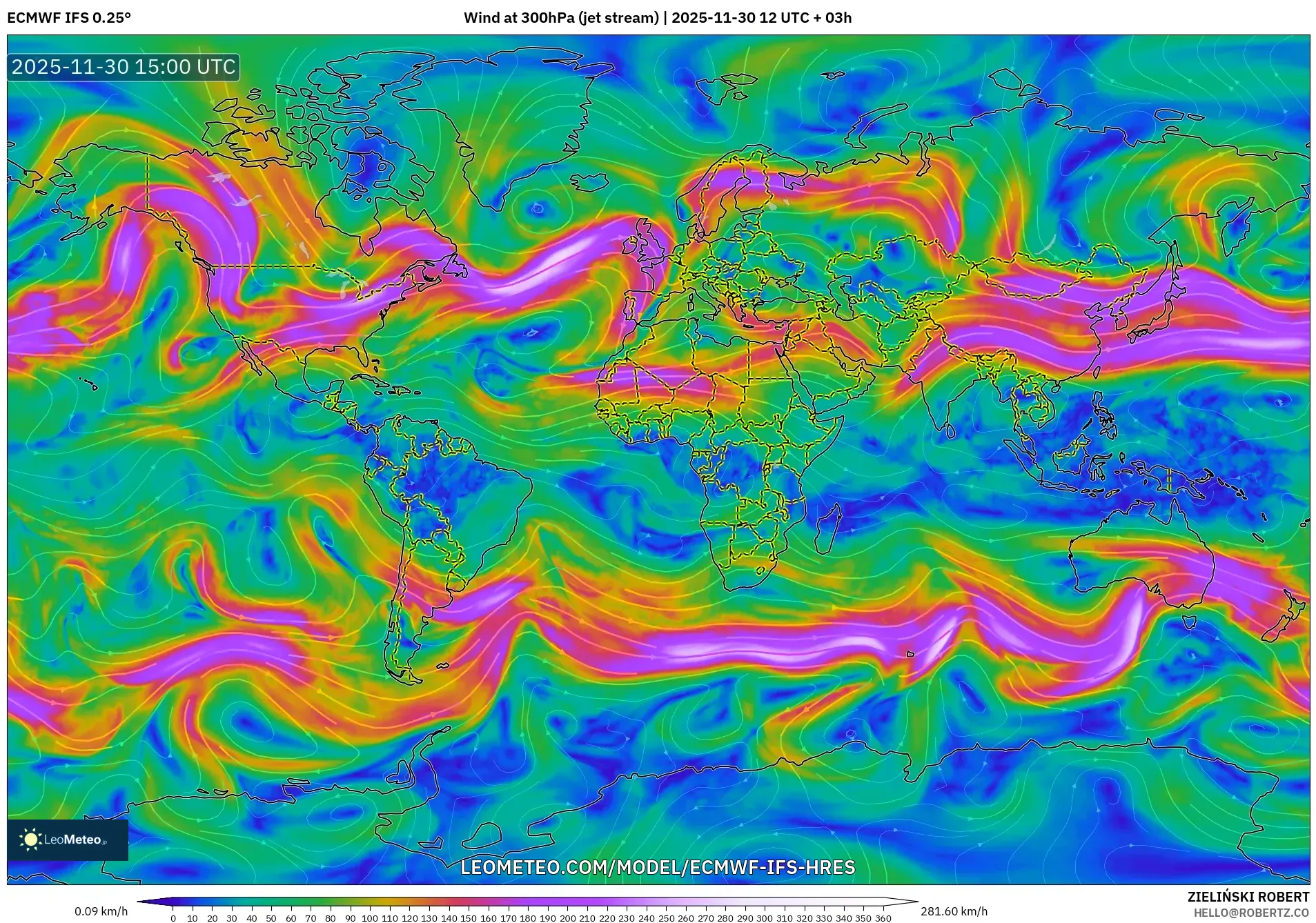 ECMWF IFS 0.25° model - World, Wind at 300hPa (jet stream)