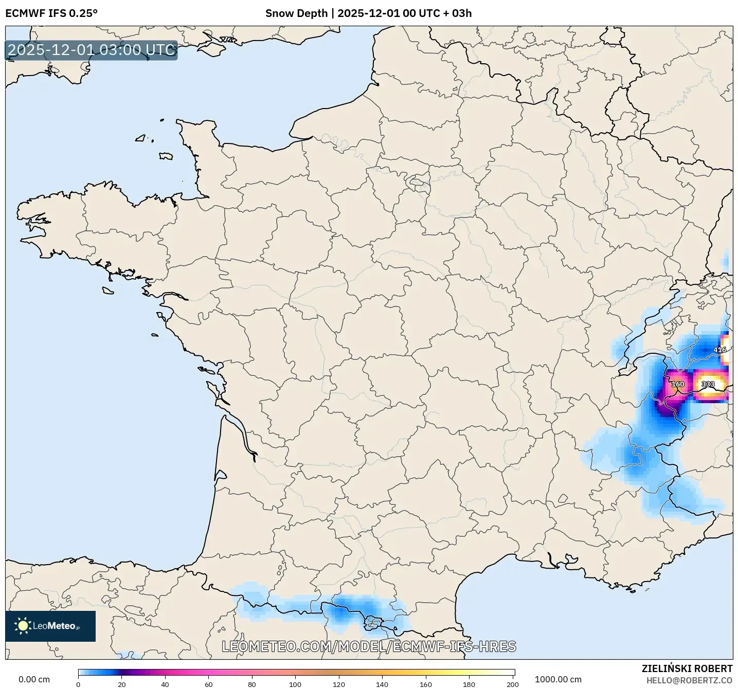 ECMWF IFS 0.25° model - France, Snow Depth