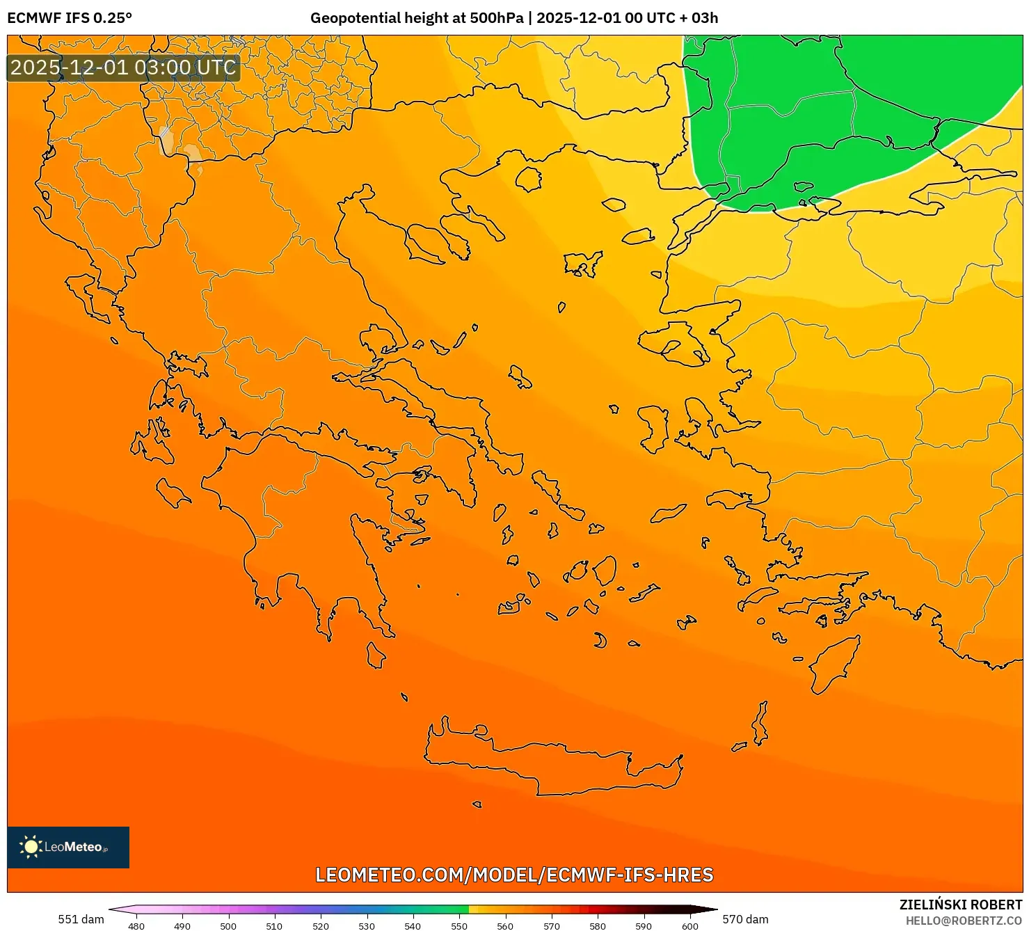 ECMWF IFS 0.25° model - Greece, Geopotential height at 500hPa