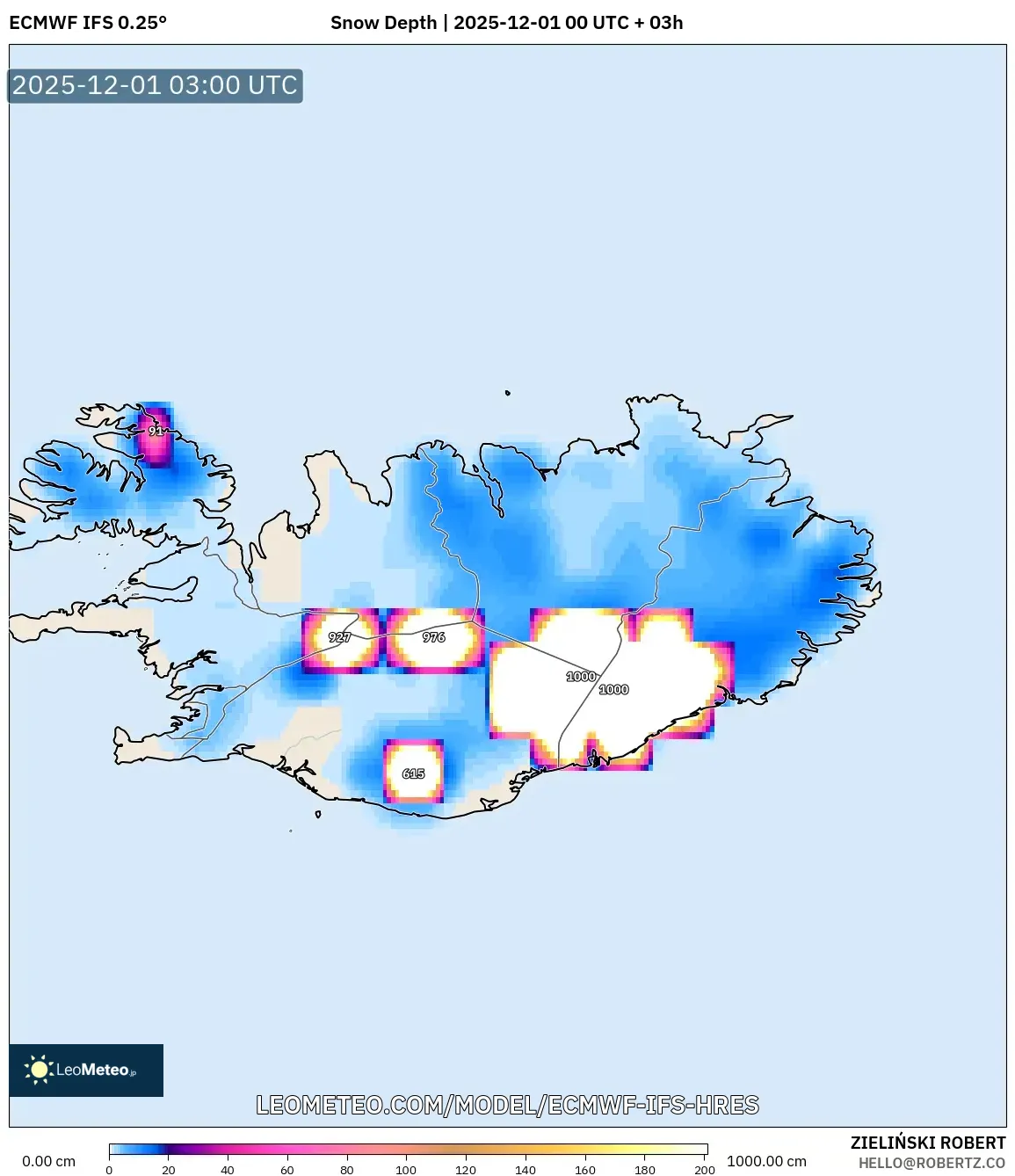 ECMWF IFS 0.25° model - Iceland, Snow Depth