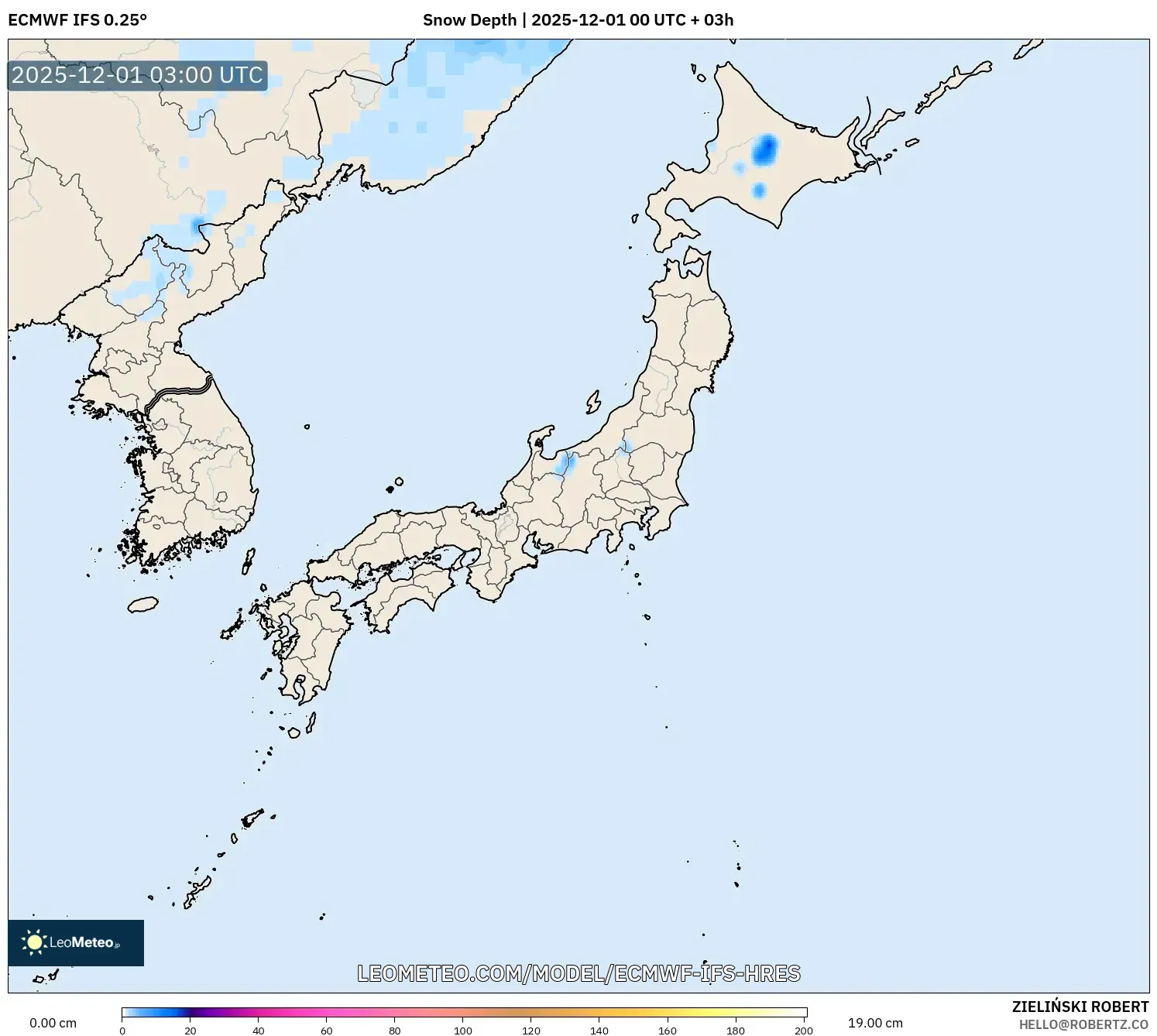 ECMWF IFS 0.25° model - Japan, Snow Depth