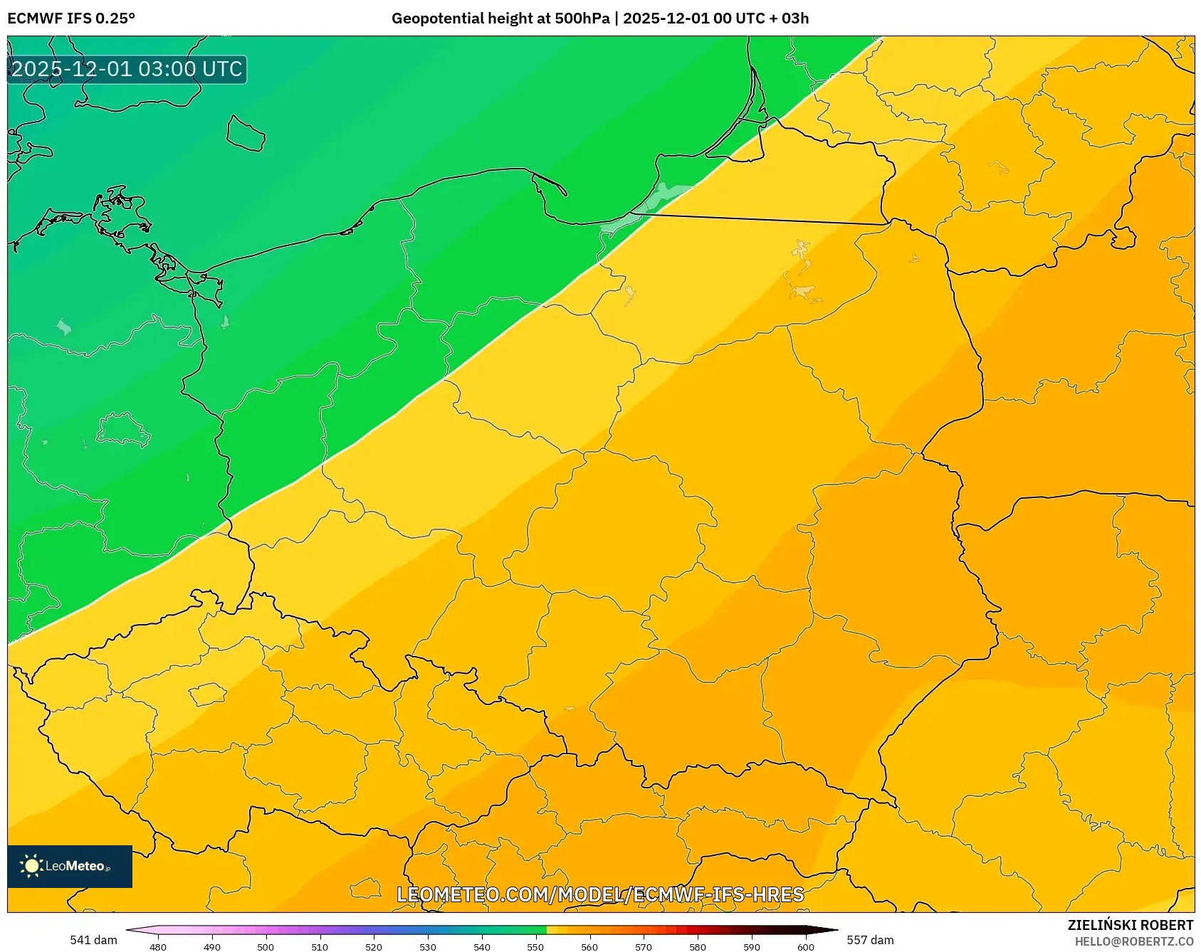 ECMWF IFS 0.25° model - Poland, Geopotential height at 500hPa