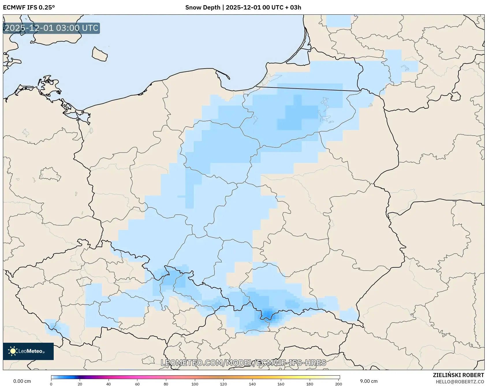 ECMWF IFS 0.25° model - Poland, Snow Depth
