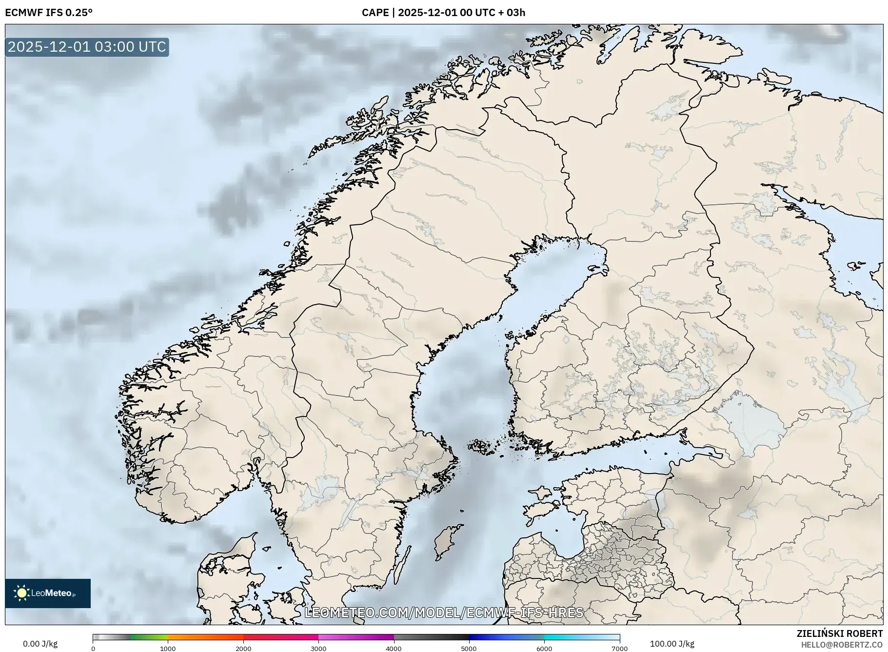 ECMWF IFS 0.25° model - Scandinavia, CAPE