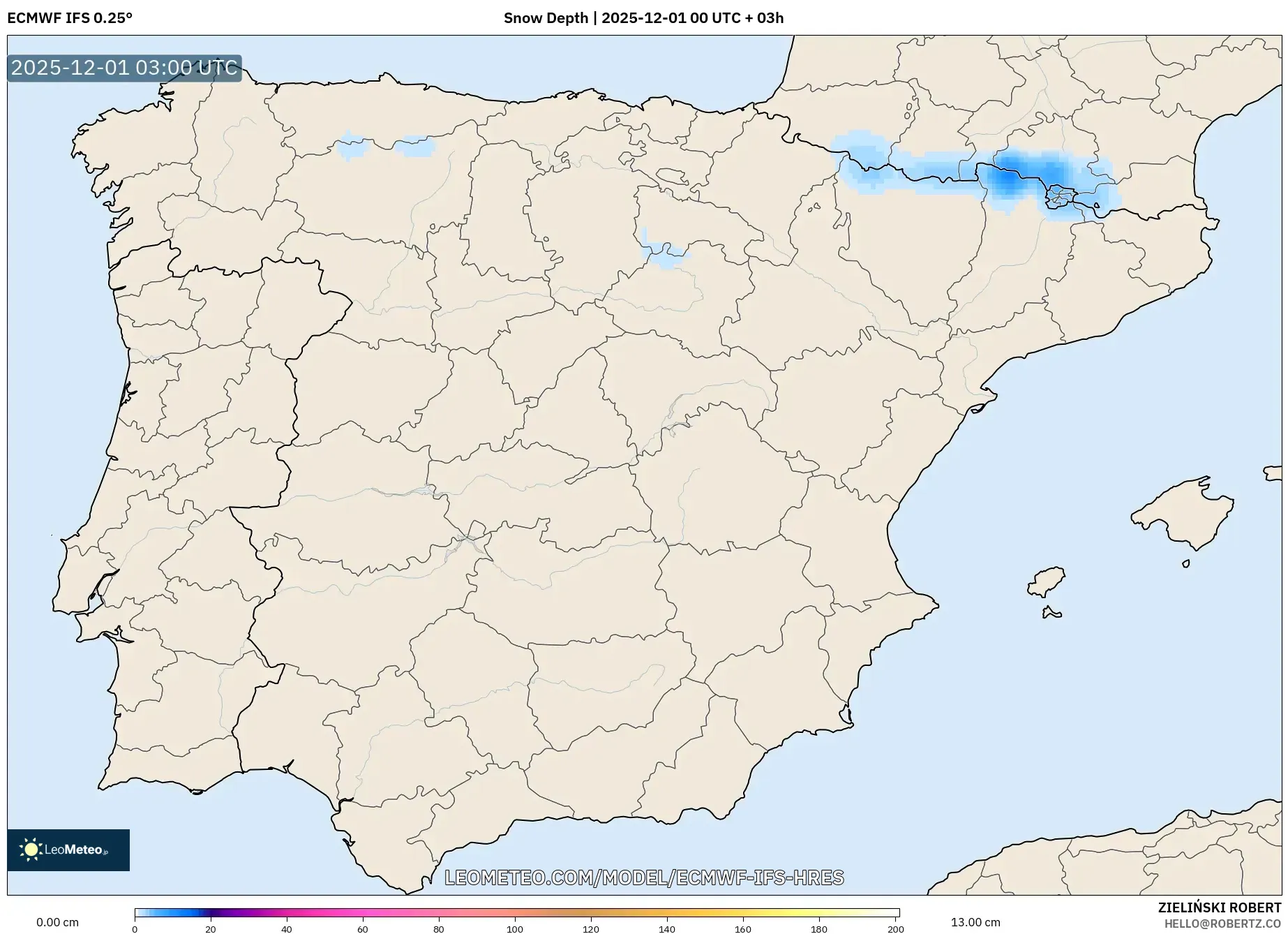 ECMWF IFS 0.25° model - Spain, Snow Depth