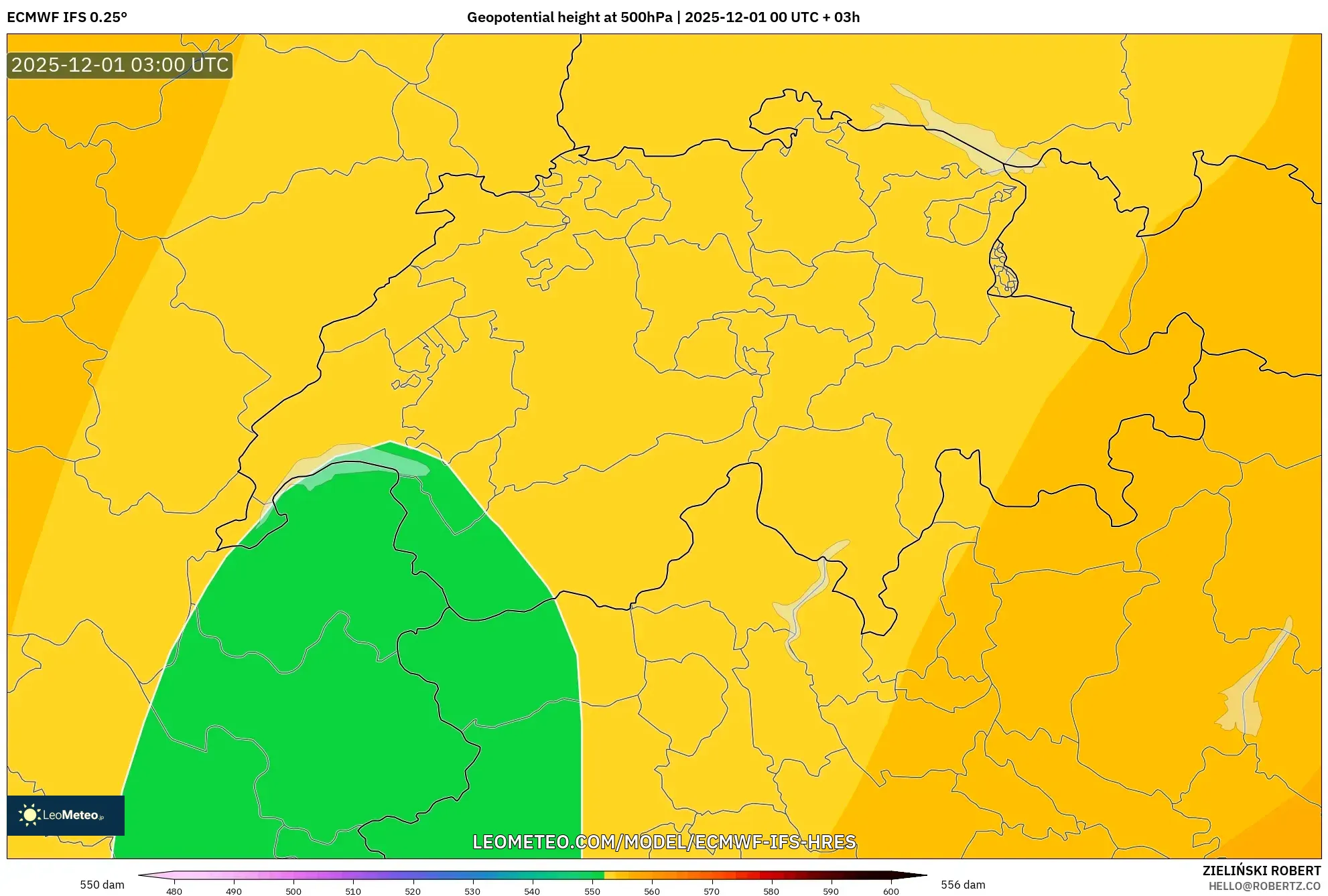 ECMWF IFS 0.25° model - Switzerland, Geopotential height at 500hPa