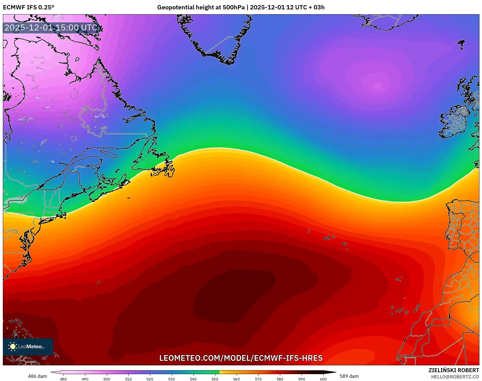 ECMWF IFS 0.25° model - North Atlantic, Geopotential height at 500hPa