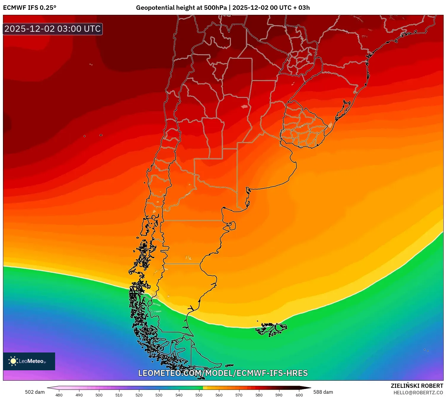ECMWF IFS 0.25° model - Argentina, Geopotential height at 500hPa