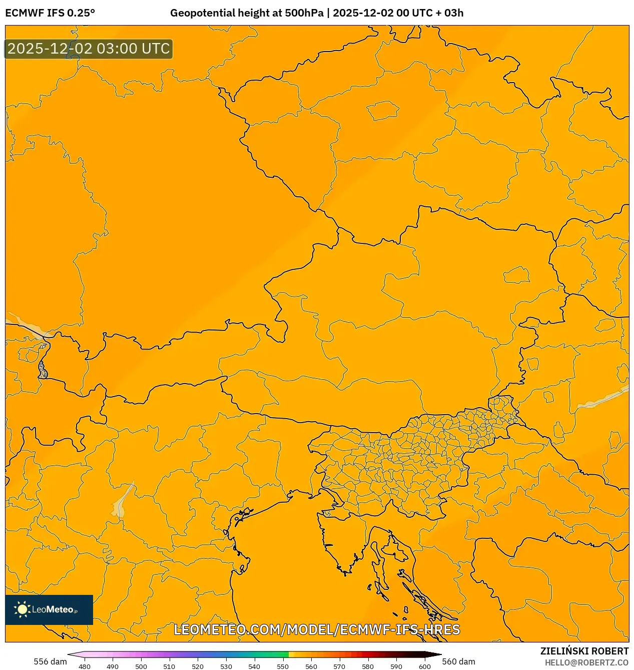 ECMWF IFS 0.25° model - Austria, Geopotential height at 500hPa