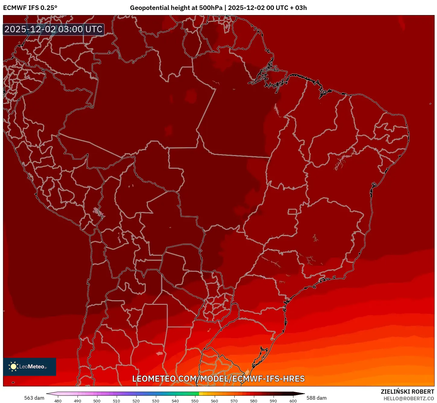 ECMWF IFS 0.25° model - Brazil, Geopotential height at 500hPa