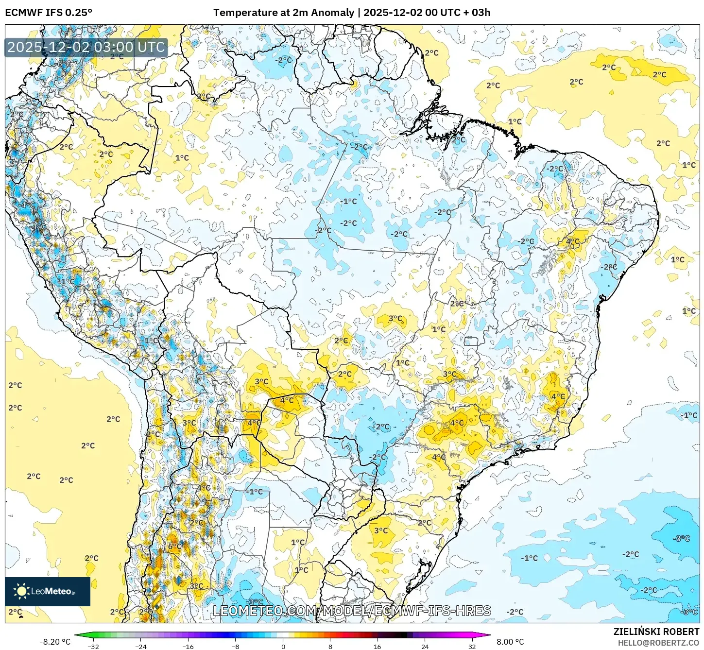 ECMWF IFS 0.25° model - Brazil, Temperature at 2m Anomaly