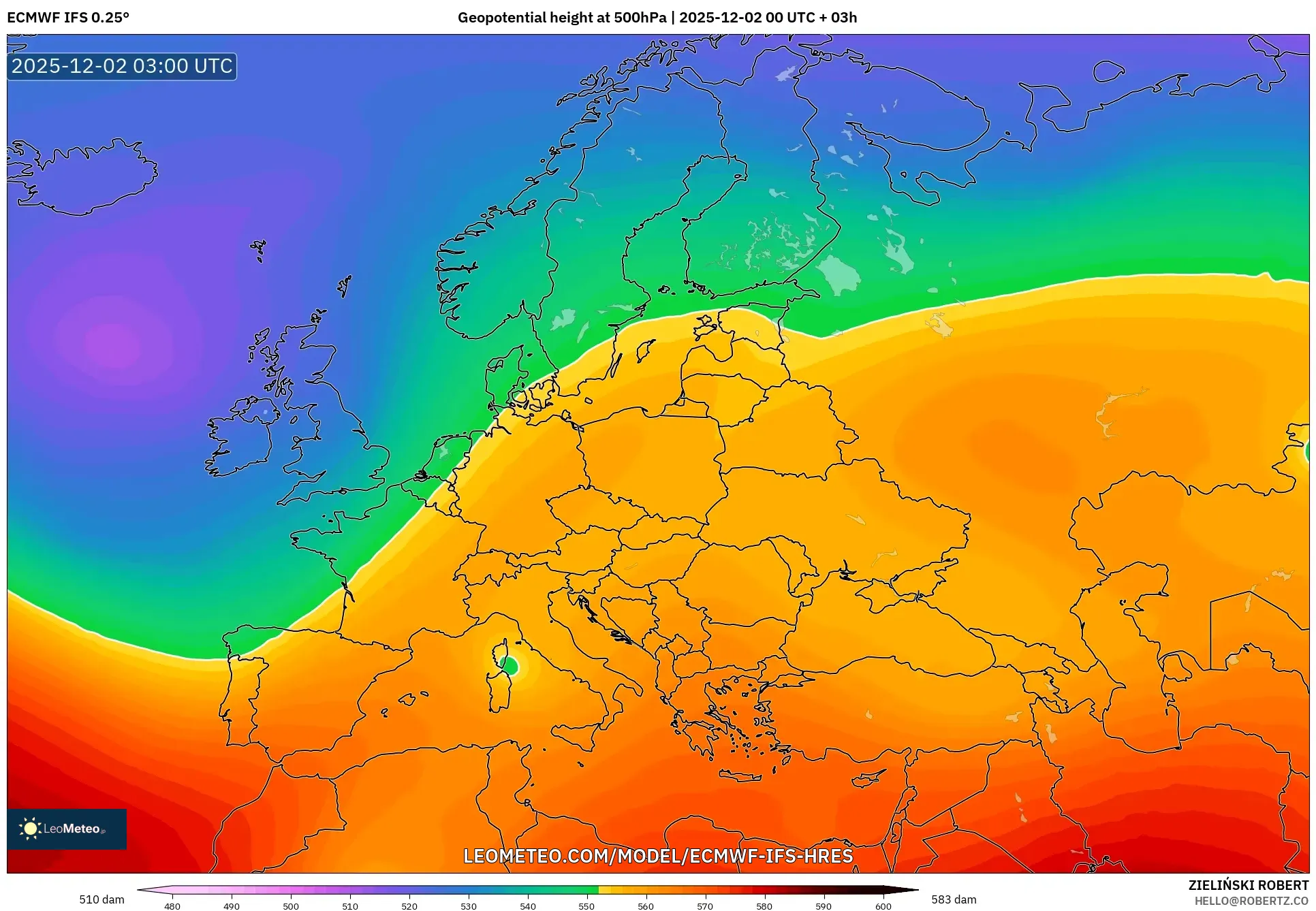 ECMWF IFS 0.25° model - Europe, Geopotential height at 500hPa