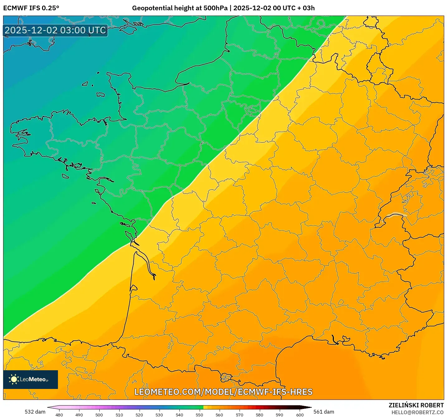 ECMWF IFS 0.25° model - France, Geopotential height at 500hPa