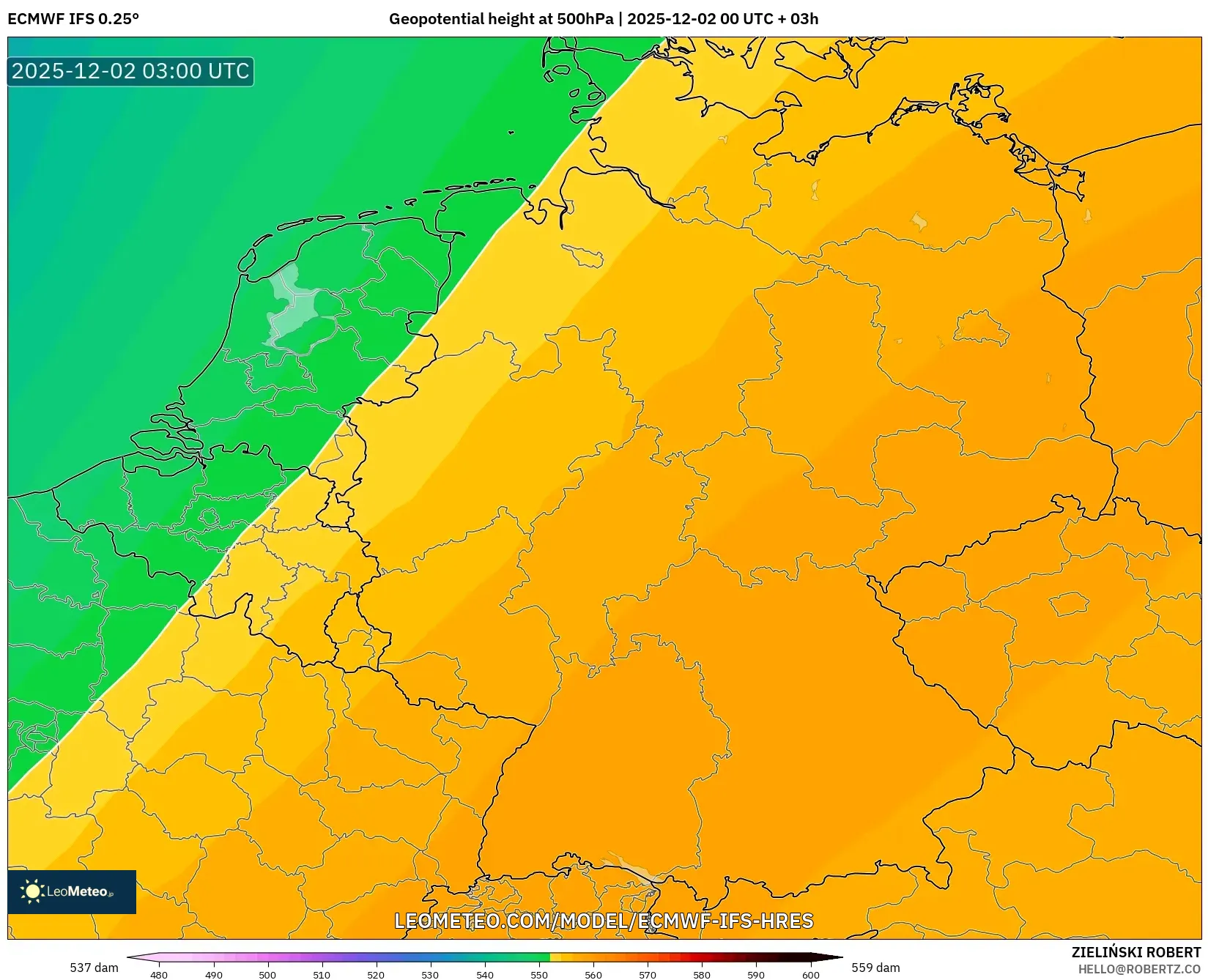ECMWF IFS 0.25° model - Germany, Geopotential height at 500hPa