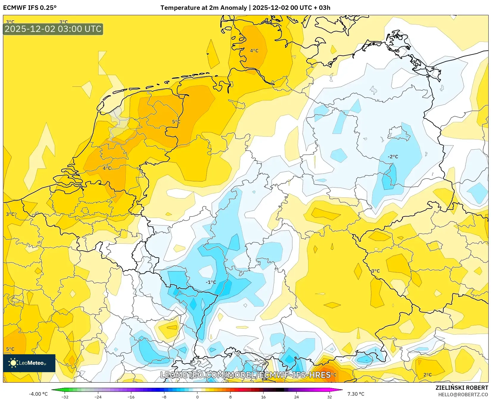 ECMWF IFS 0.25° model - Germany, Temperature at 2m Anomaly