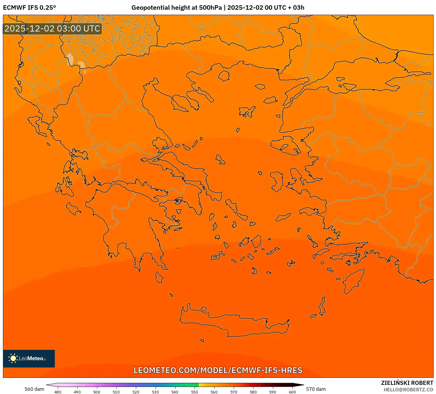 ECMWF IFS 0.25° model - Greece, Geopotential height at 500hPa