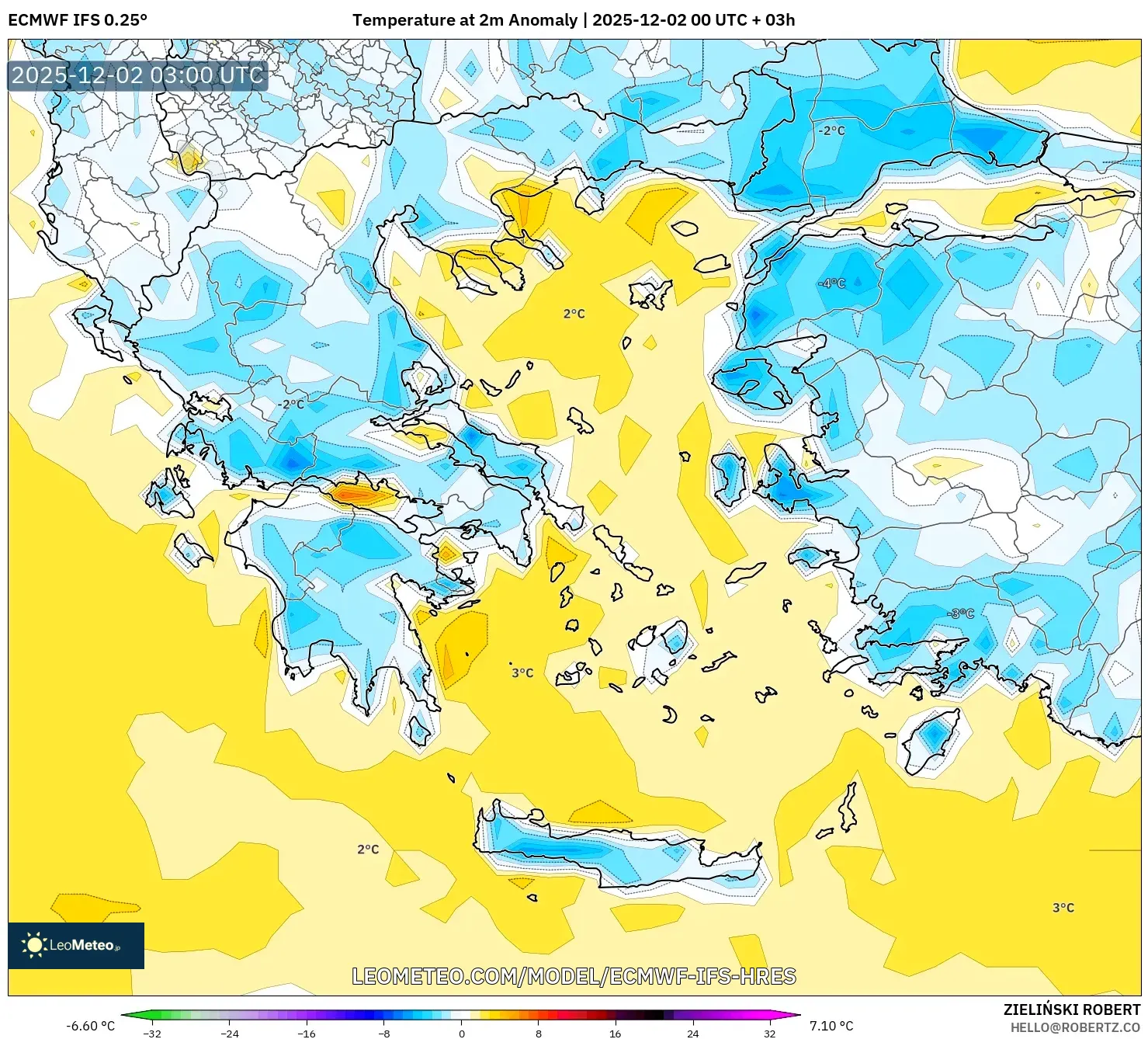 ECMWF IFS 0.25° model - Greece, Temperature at 2m Anomaly