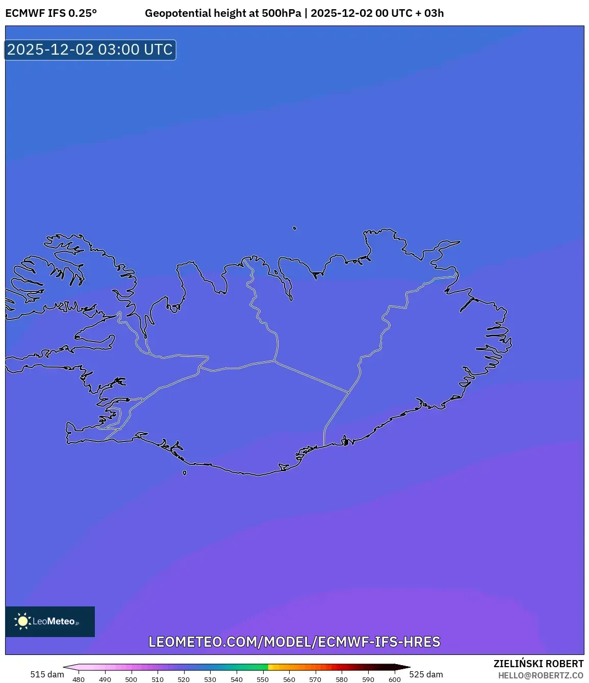 ECMWF IFS 0.25° model - Iceland, Geopotential height at 500hPa