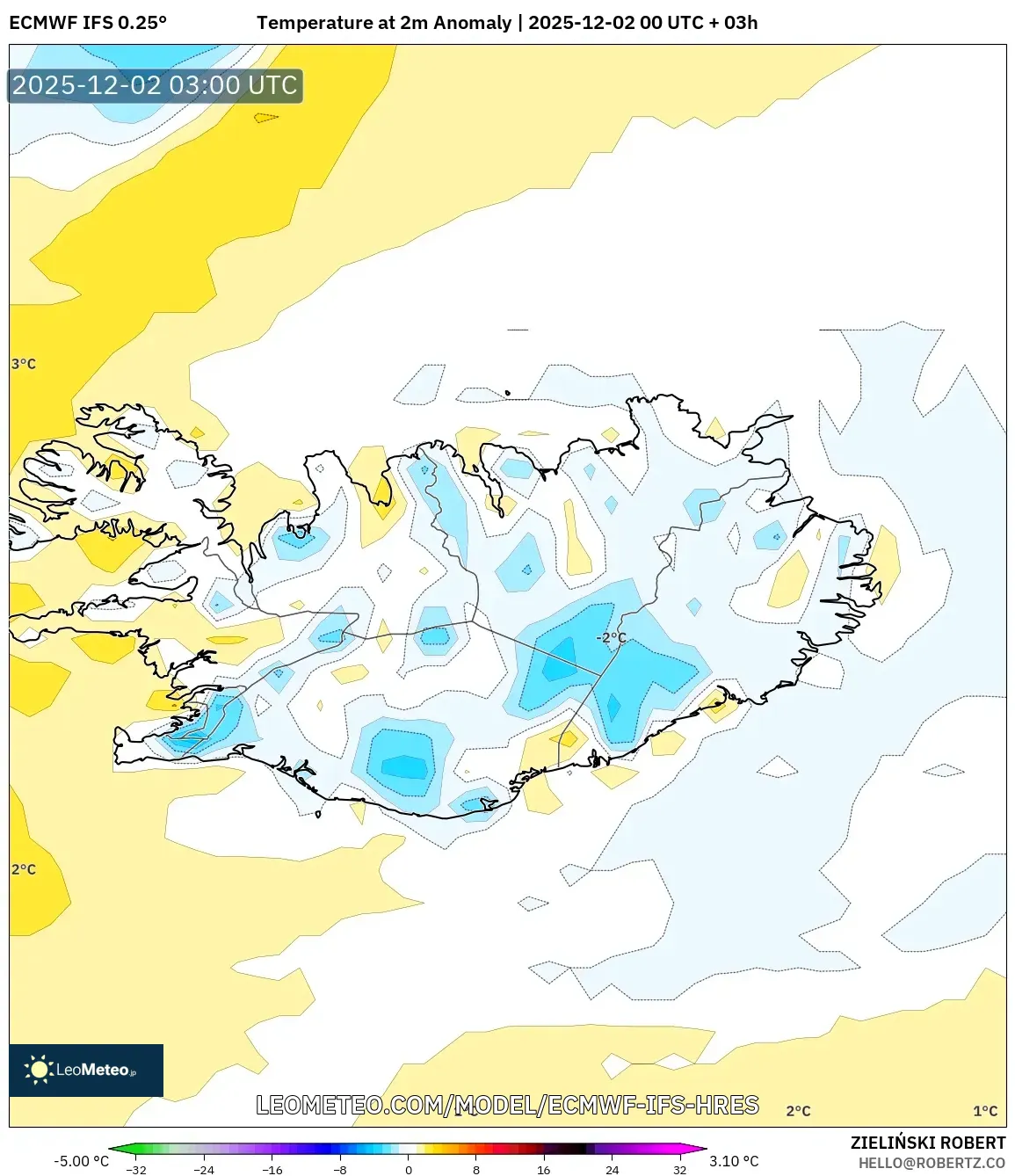 ECMWF IFS 0.25° model - Iceland, Temperature at 2m Anomaly