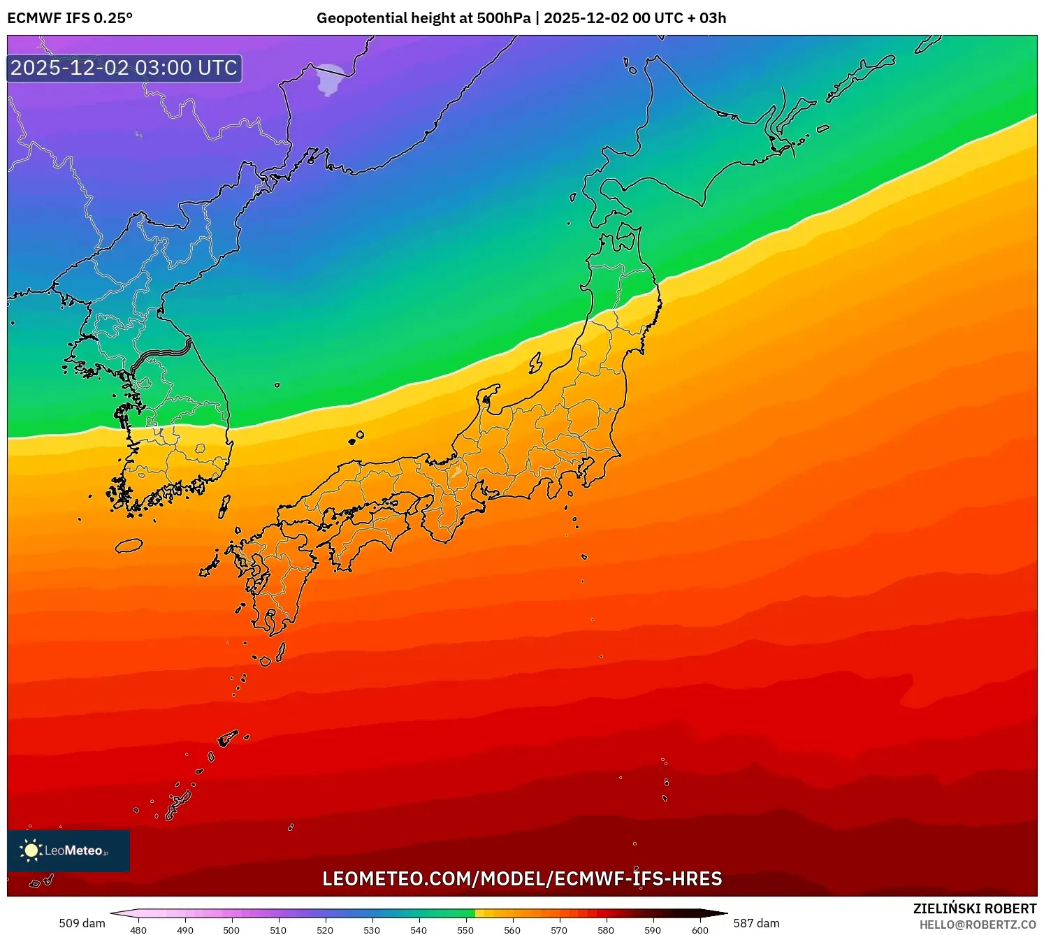 ECMWF IFS 0.25° model - Japan, Geopotential height at 500hPa