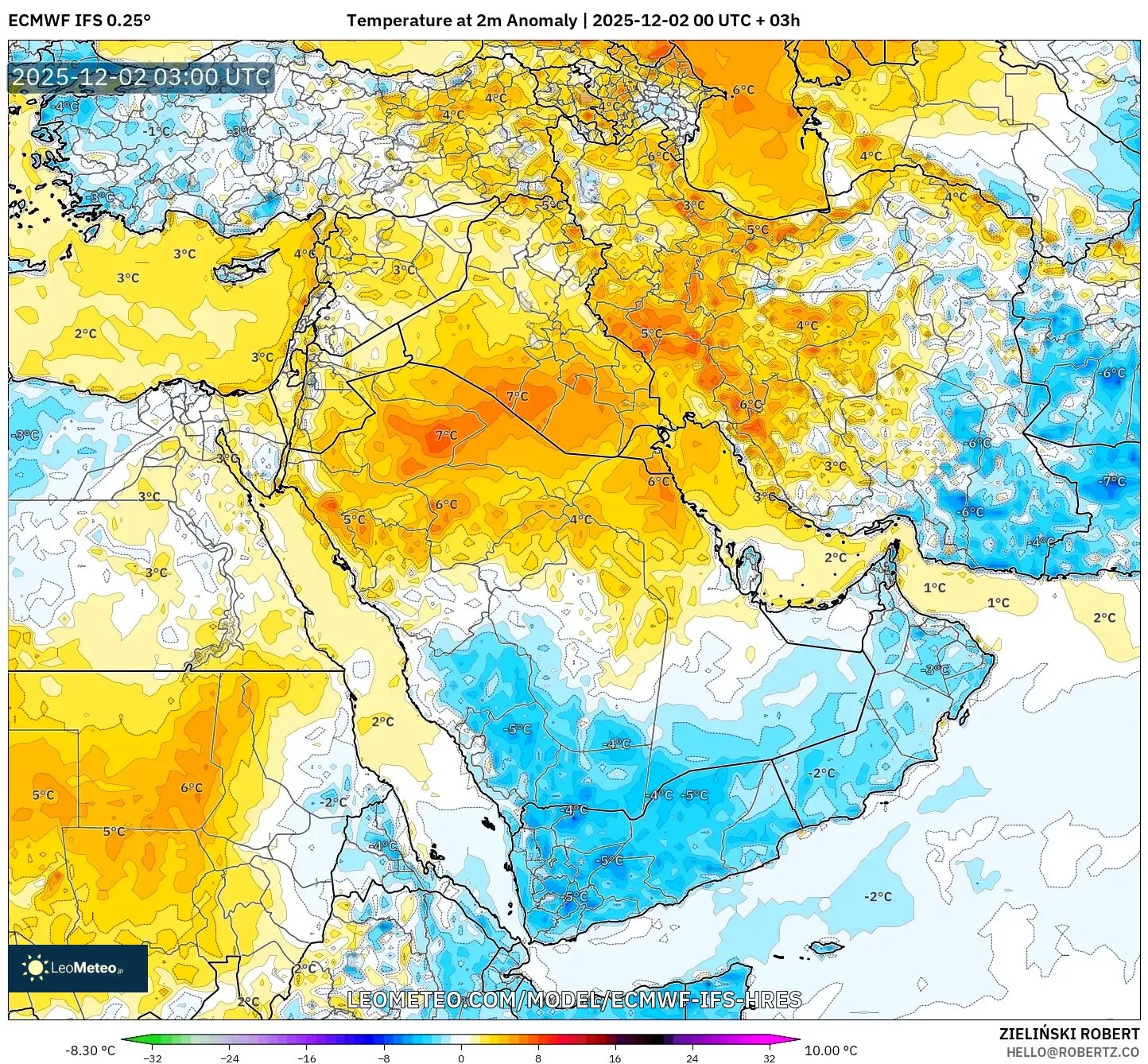 ECMWF IFS 0.25° model - Middle East, Temperature at 2m Anomaly