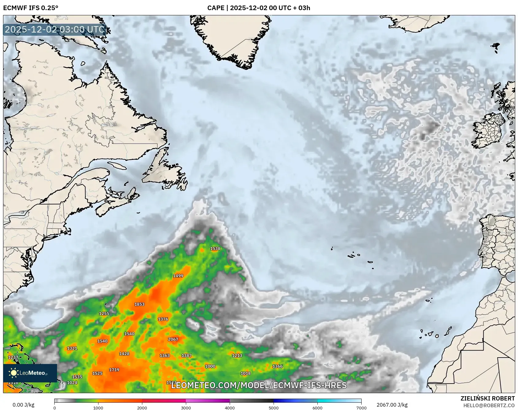 ECMWF IFS 0.25° model - North Atlantic, CAPE