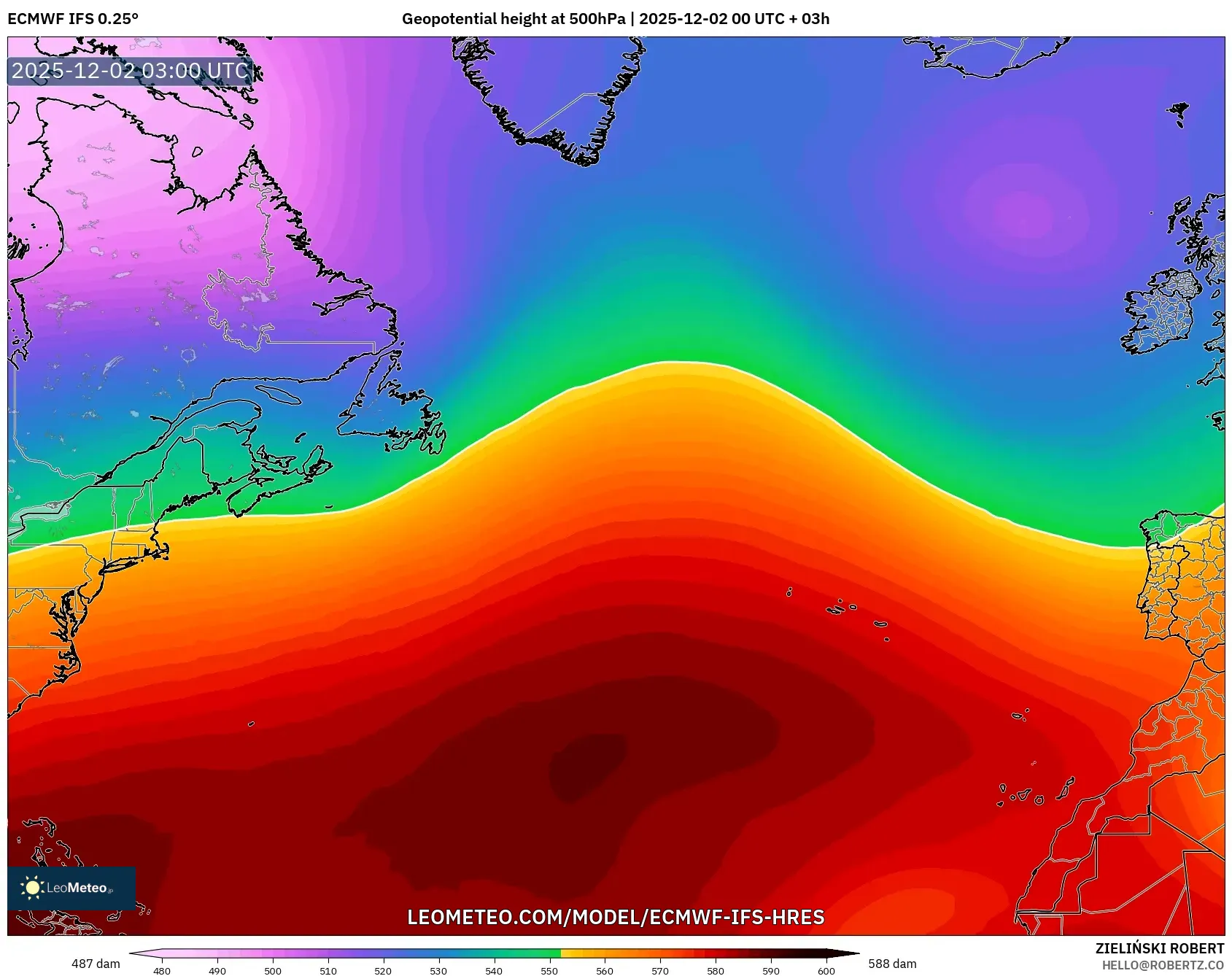 ECMWF IFS 0.25° model - North Atlantic, Geopotential height at 500hPa