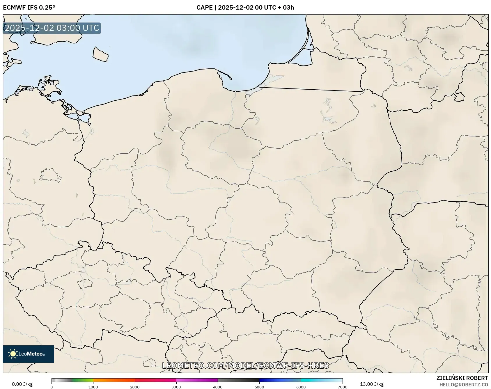ECMWF IFS 0.25° model - Poland, CAPE